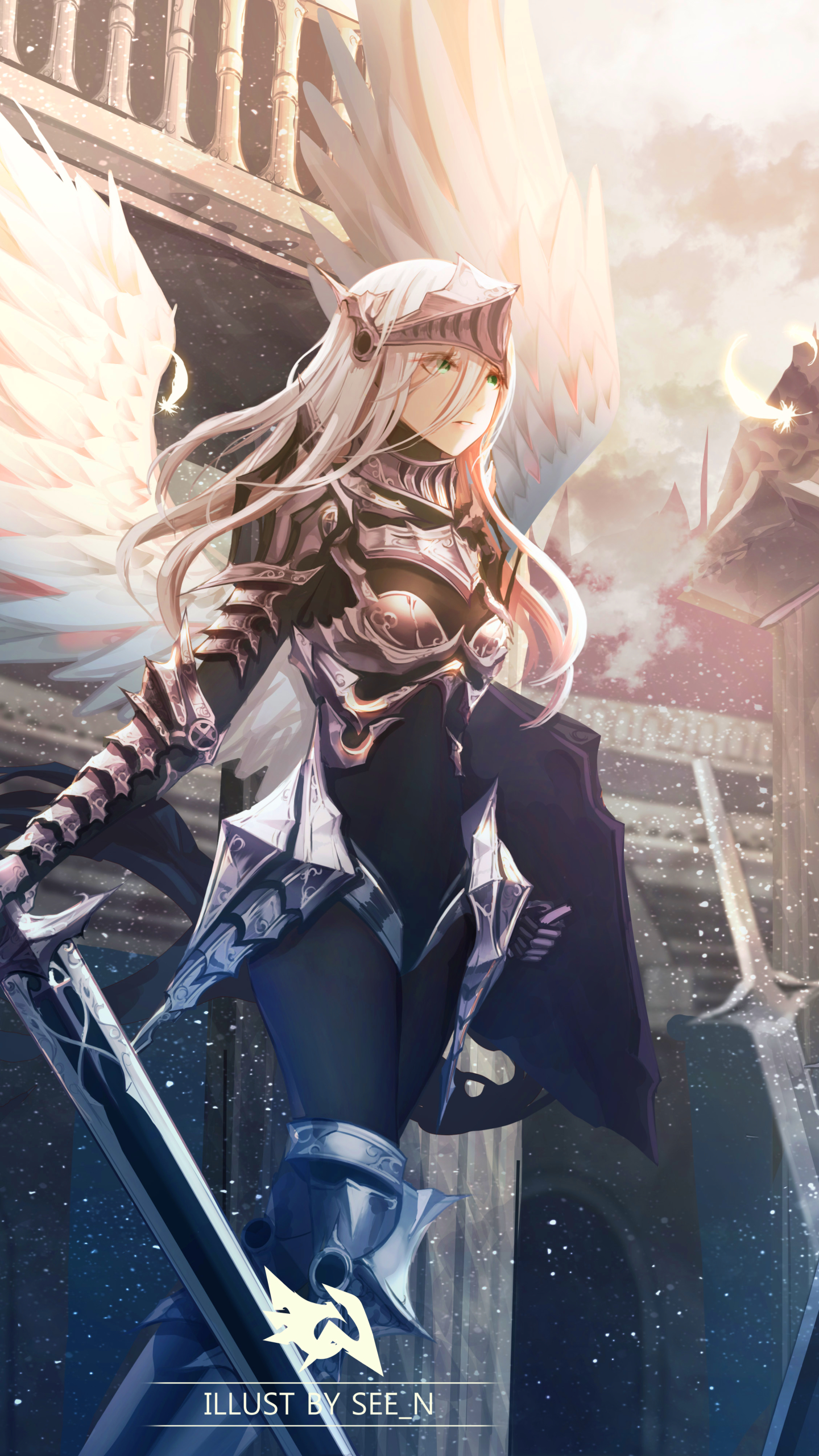 Download mobile wallpaper Anime, Wings, Angel, Armor, Sword, Original, Long Hair, White Hair for free.