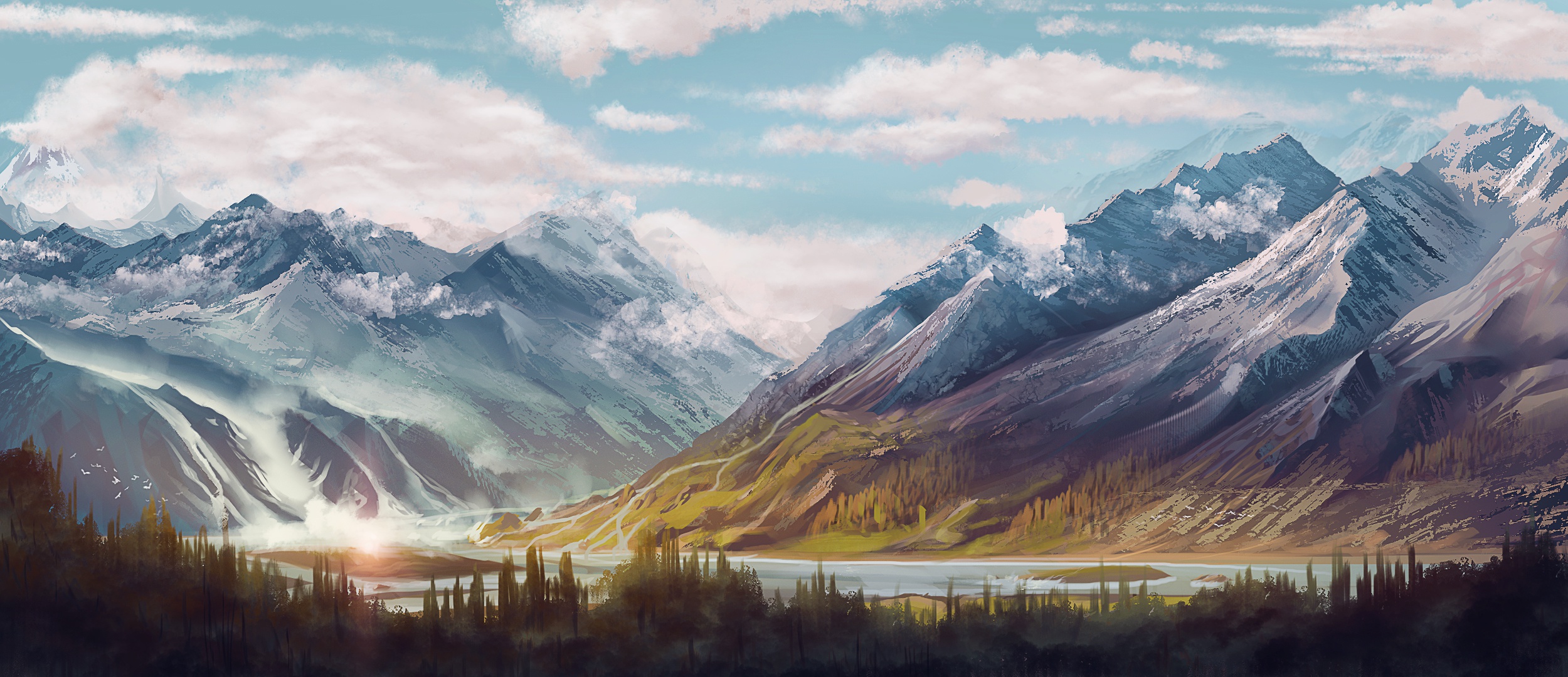 Download mobile wallpaper Landscape, Nature, Fantasy, Mountain, Cloud, River for free.