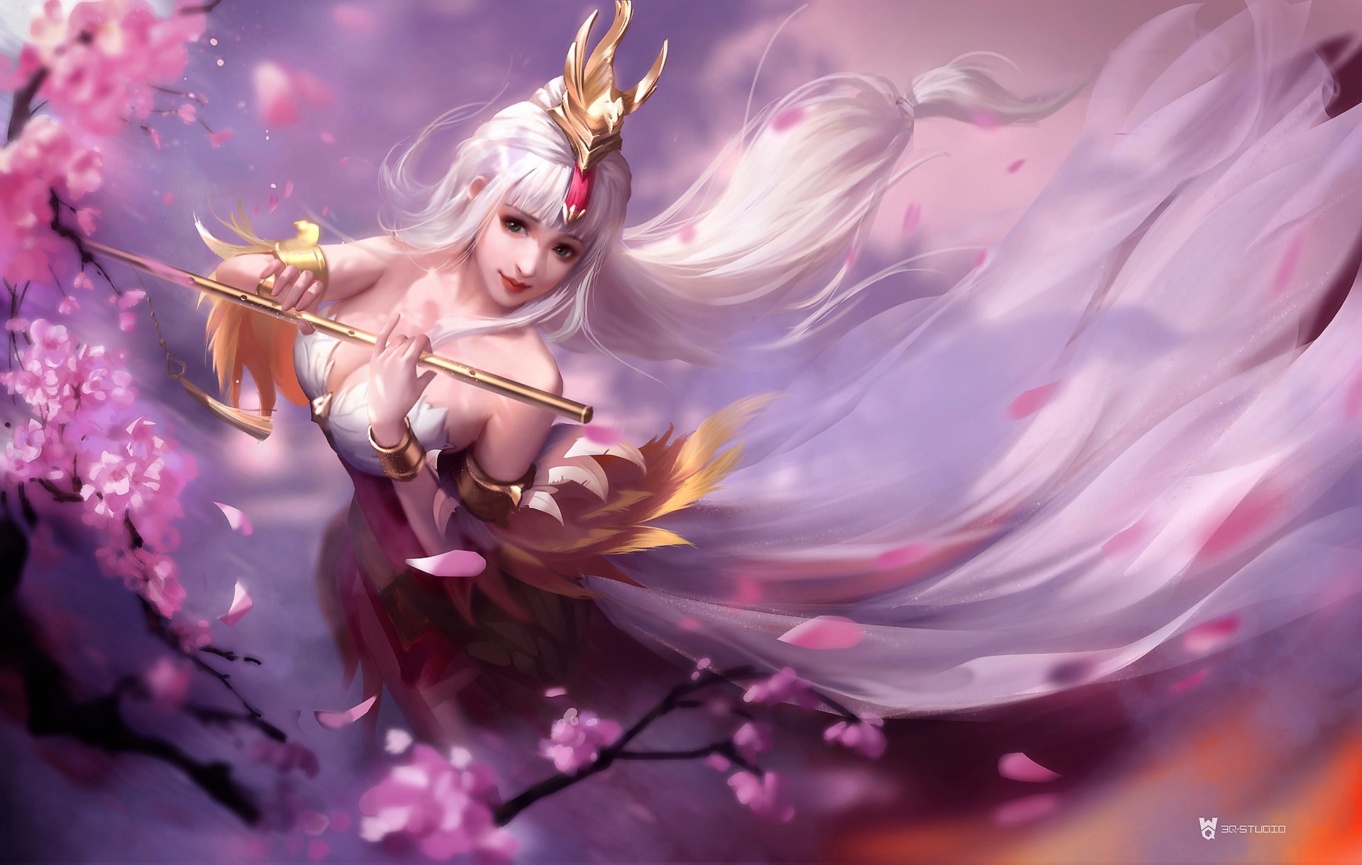 fantasy, women, blossom, flute, sakura, white hair