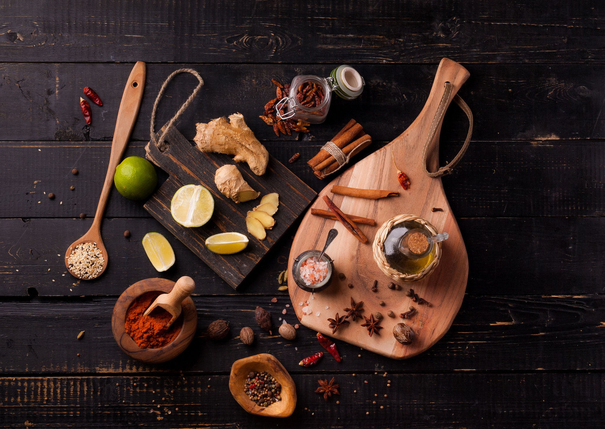 Download mobile wallpaper Food, Still Life, Cinnamon, Spices, Oil for free.