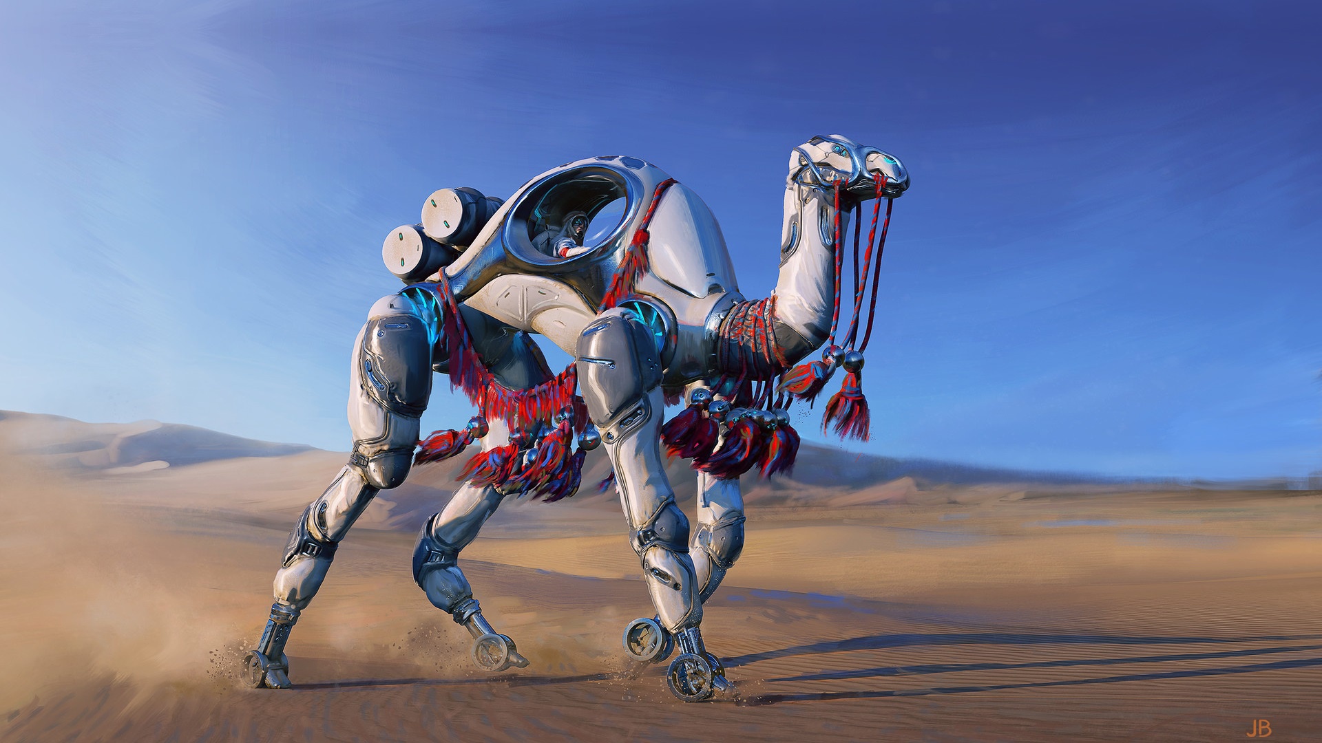 Скачать обои бесплатно Пустыня, Верблюды, Робот, Научная Фантастика картинка на рабочий стол ПК