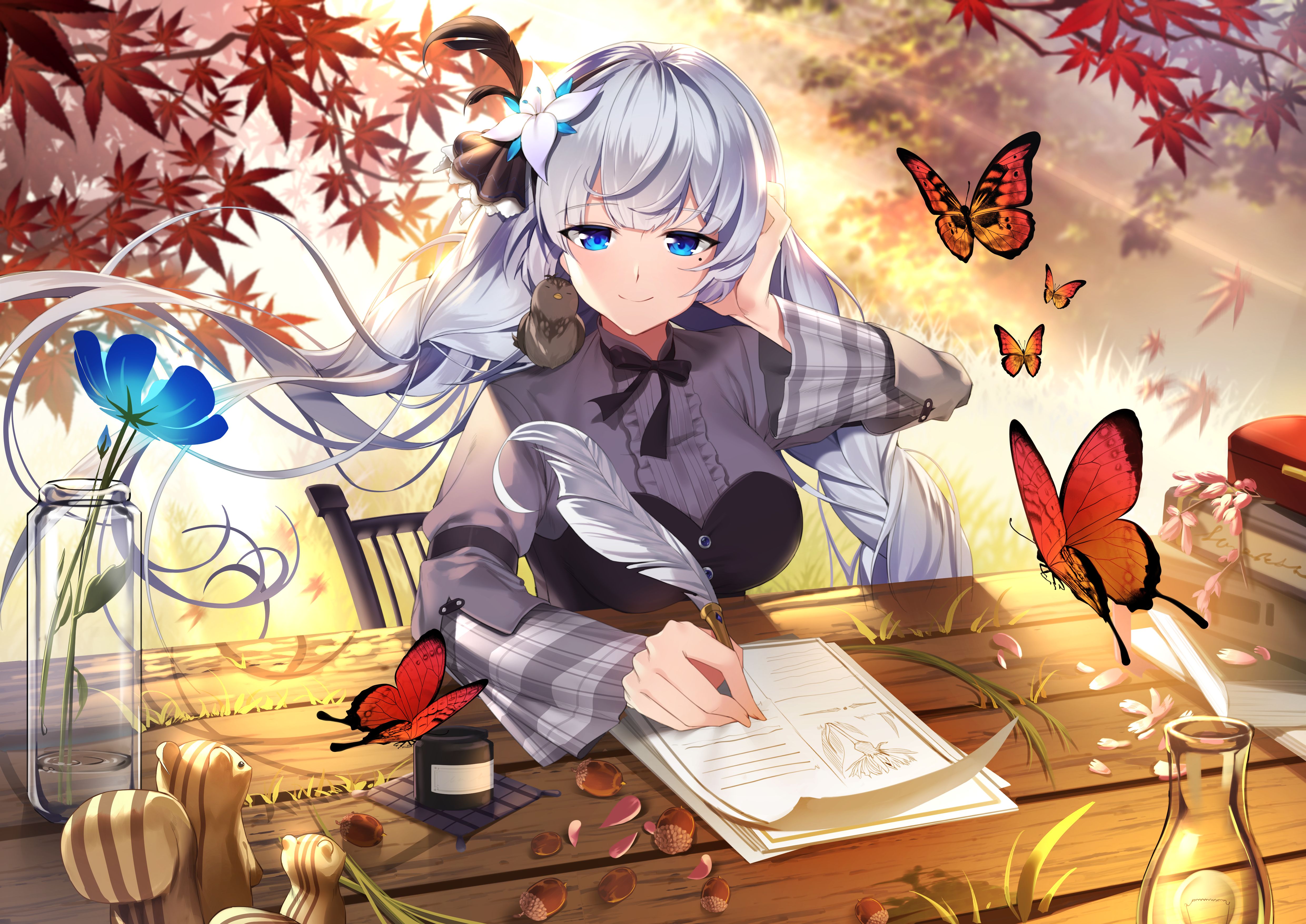 Laden Sie das Schmetterlinge, Blume, Blaue Augen, Animes, Lange Haare, Azur Lane-Bild kostenlos auf Ihren PC-Desktop herunter