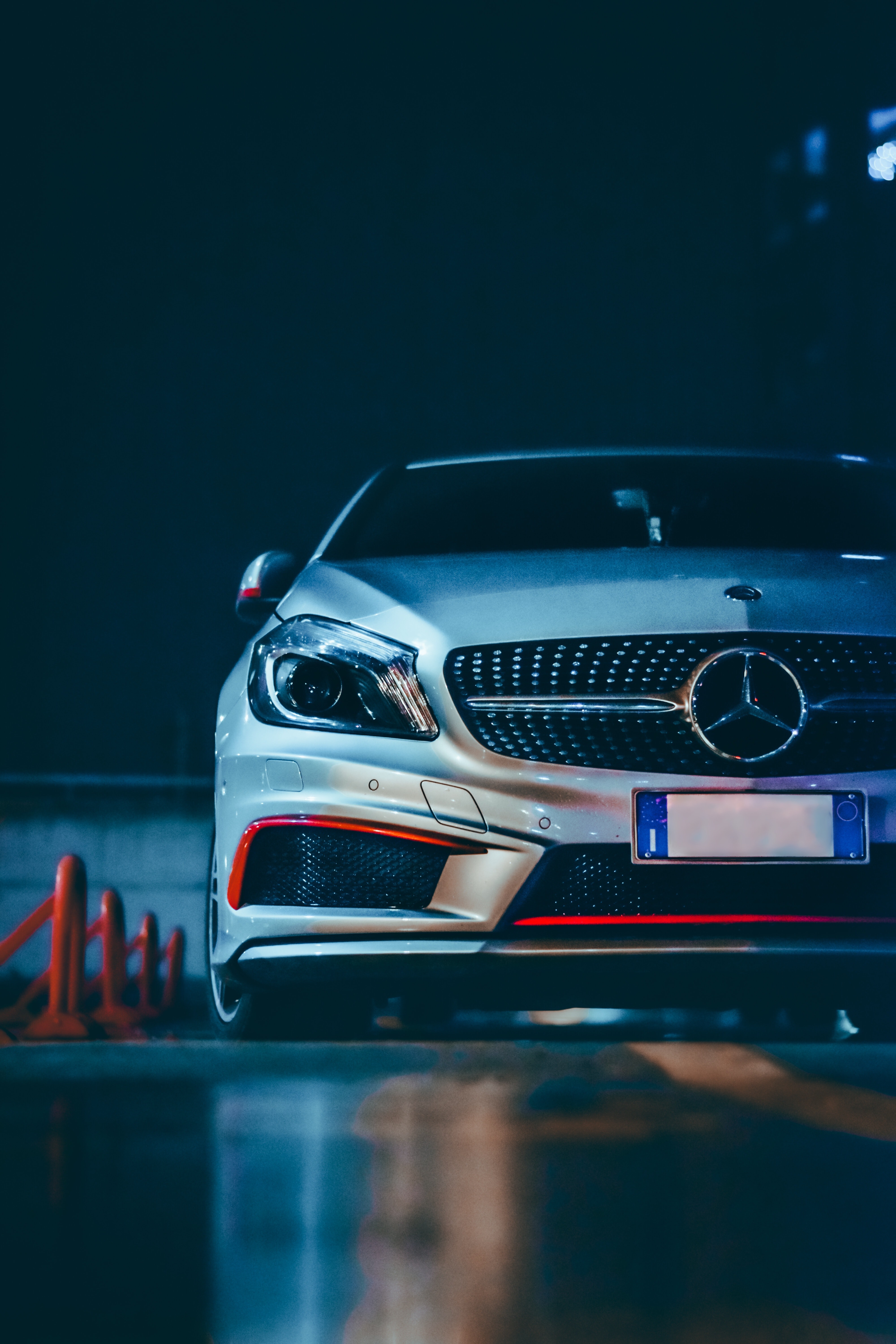 car, grey, cars, night, front view, mercedes