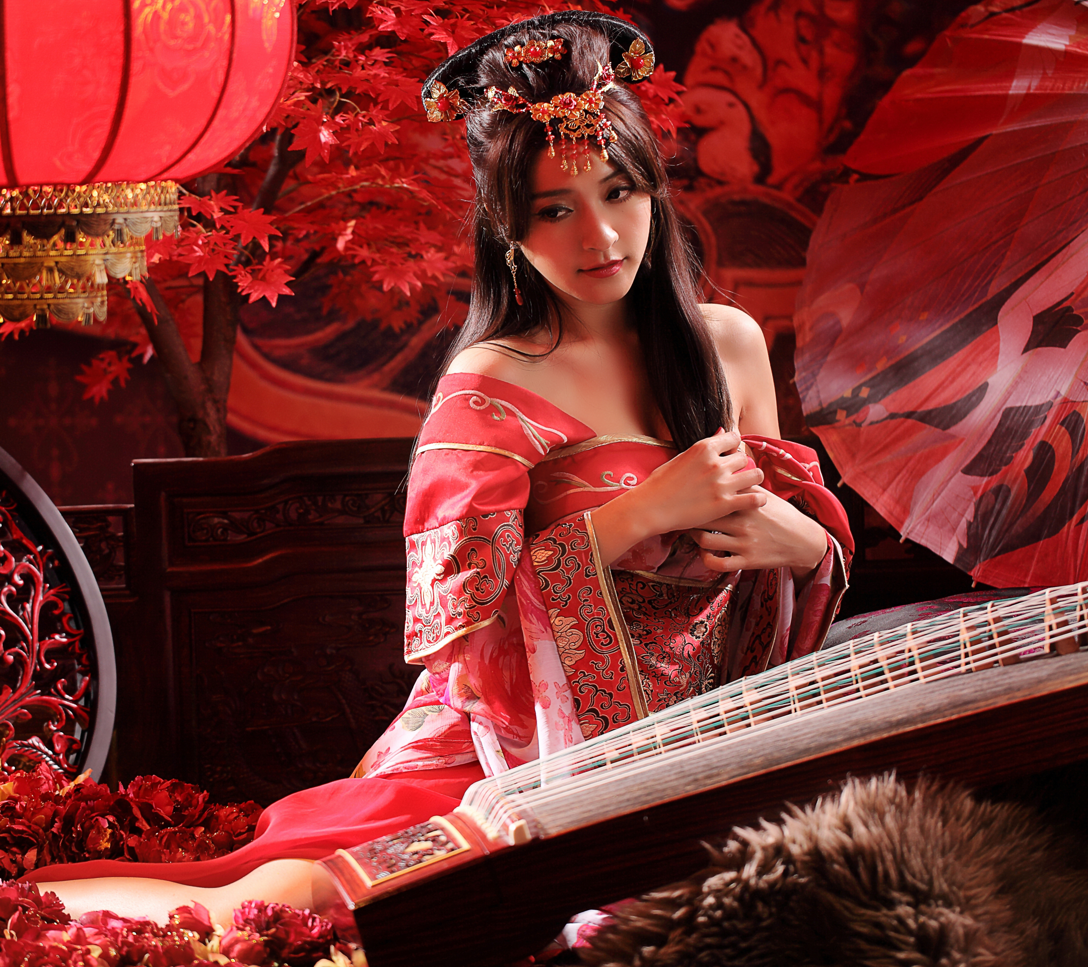 Laden Sie das Rose, Laterne, Frauen, Asiatinnen, Instrument, Taiwanese, Traditionelles Kostüm, Haarkleid-Bild kostenlos auf Ihren PC-Desktop herunter