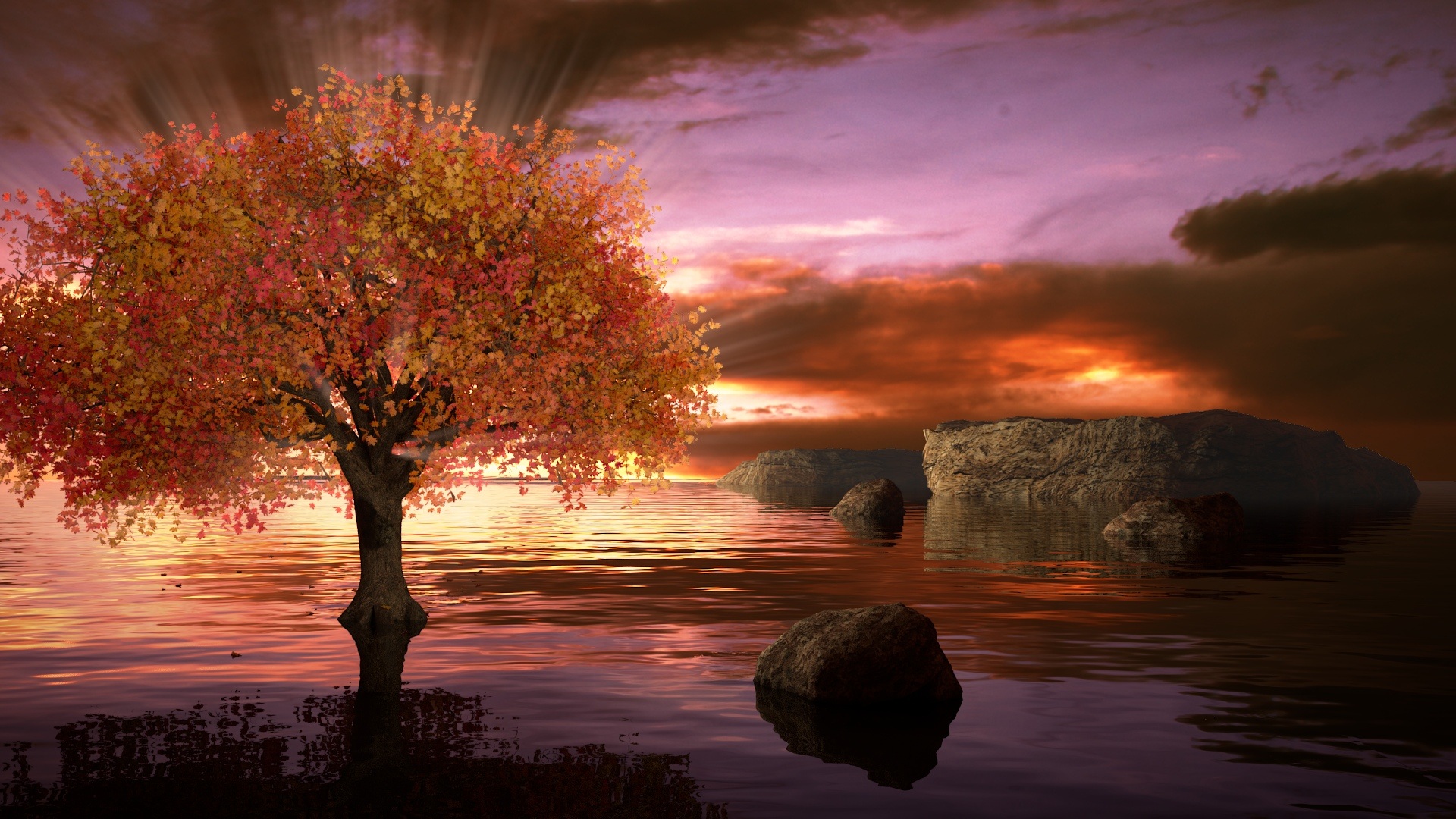 Download mobile wallpaper Sunset, Lake, Tree, Earth, Artistic, Cloud, Sunbeam, Manipulation for free.