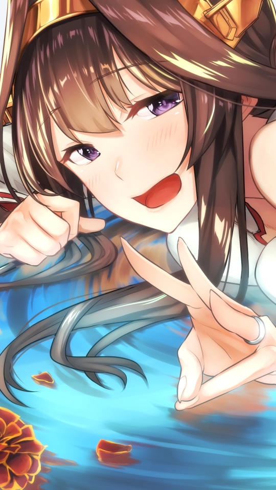 Download mobile wallpaper Anime, Water, Smile, Blush, Long Hair, Brown Hair, Purple Eyes, Kantai Collection, Kongou (Kancolle) for free.