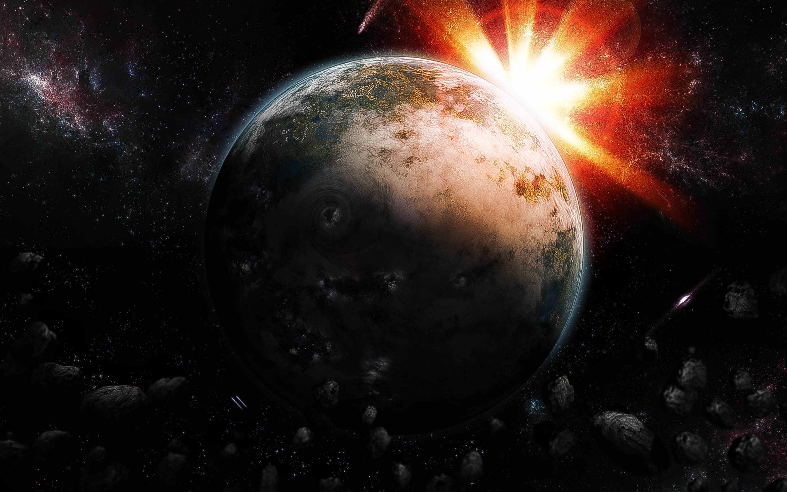 Download mobile wallpaper Sun, Stars, Sunrise, Planet, Sci Fi, Sunlight, Asteroid for free.