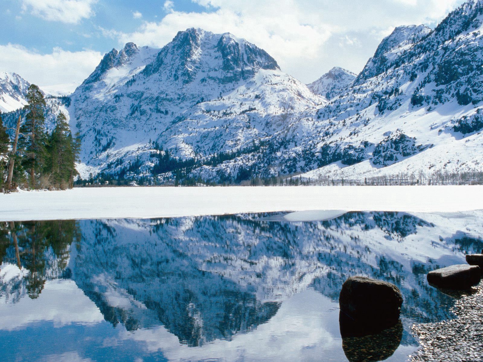 Free download wallpaper Stones, Snow, Lake, Shore, Bank, California, Nevada, Mountains, Ice, Nature on your PC desktop