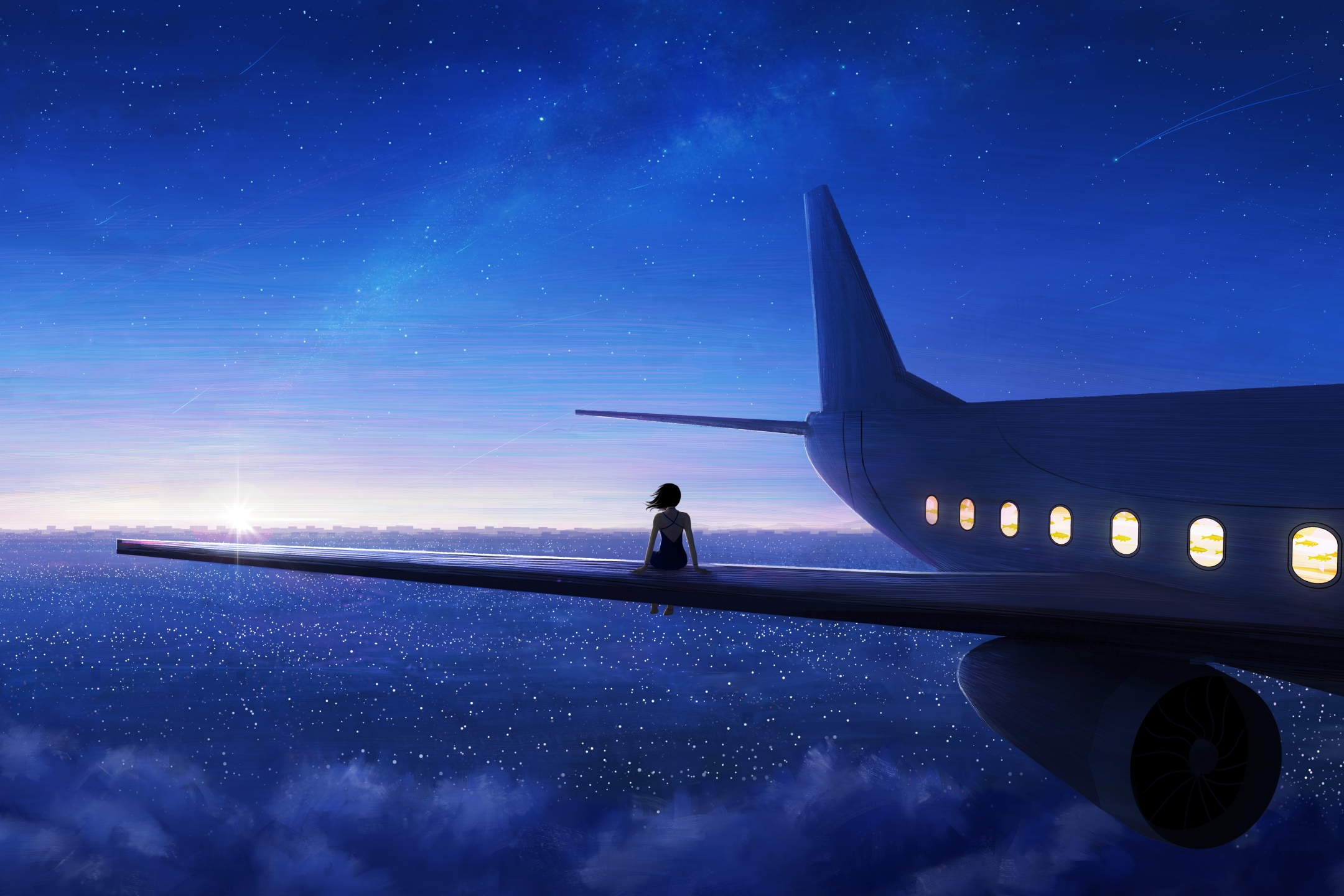 Free download wallpaper Anime, Sky, Starry Sky, Aircraft, Original, Shooting Star on your PC desktop