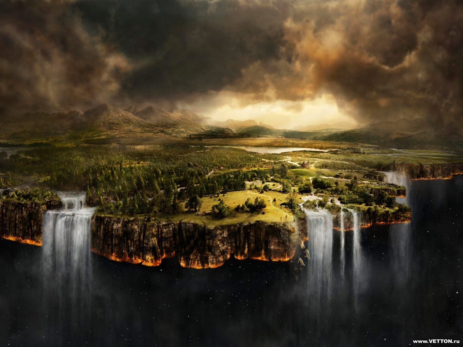 Download mobile wallpaper Sky, Landscape, Waterfalls, Fantasy for free.