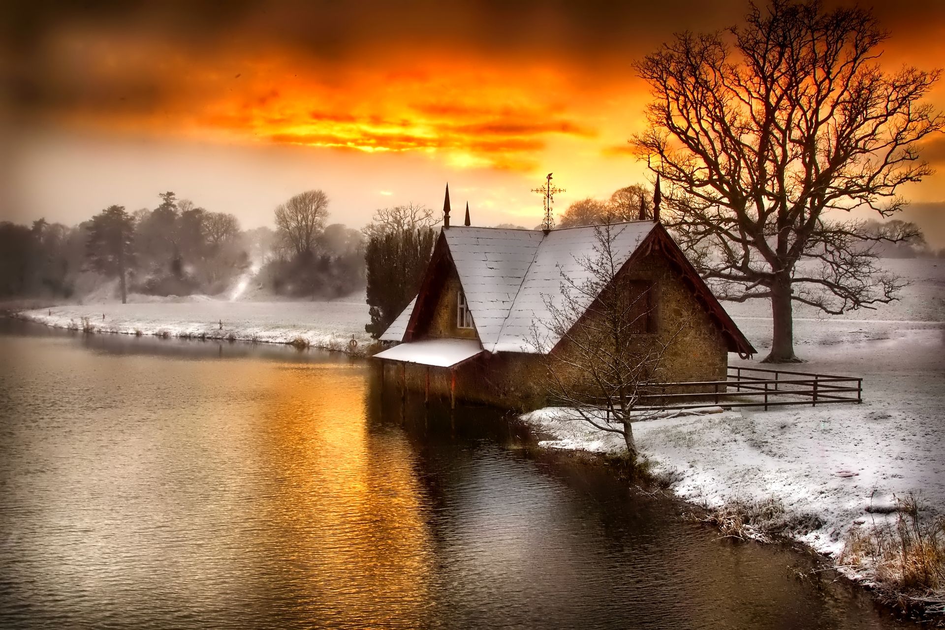 Free download wallpaper Winter, Sunset, Snow, Tree, House, Earth, Photography on your PC desktop