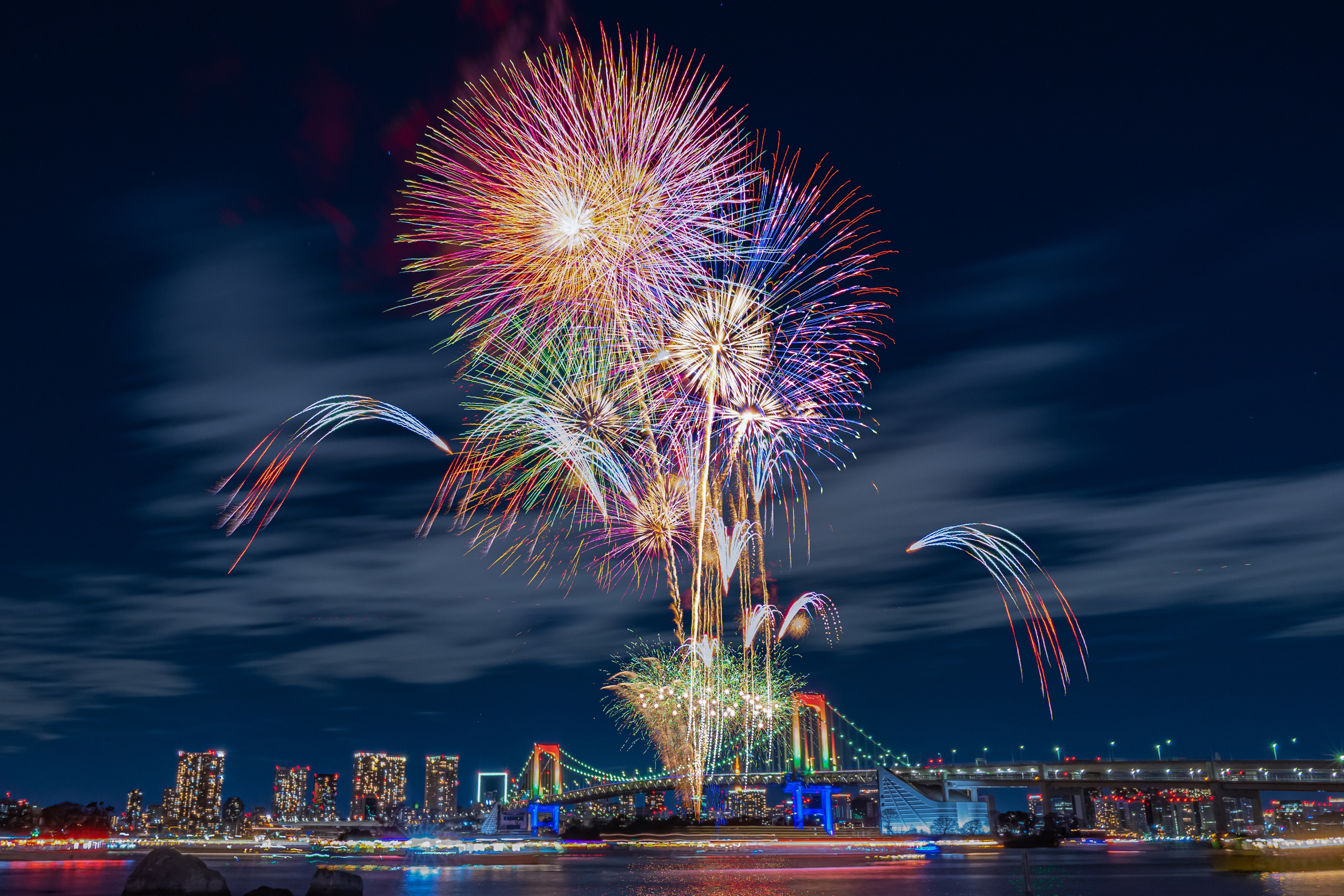Download mobile wallpaper Night, City, Bridge, Japan, Fireworks, Tokyo, Photography, Rainbow Bridge for free.