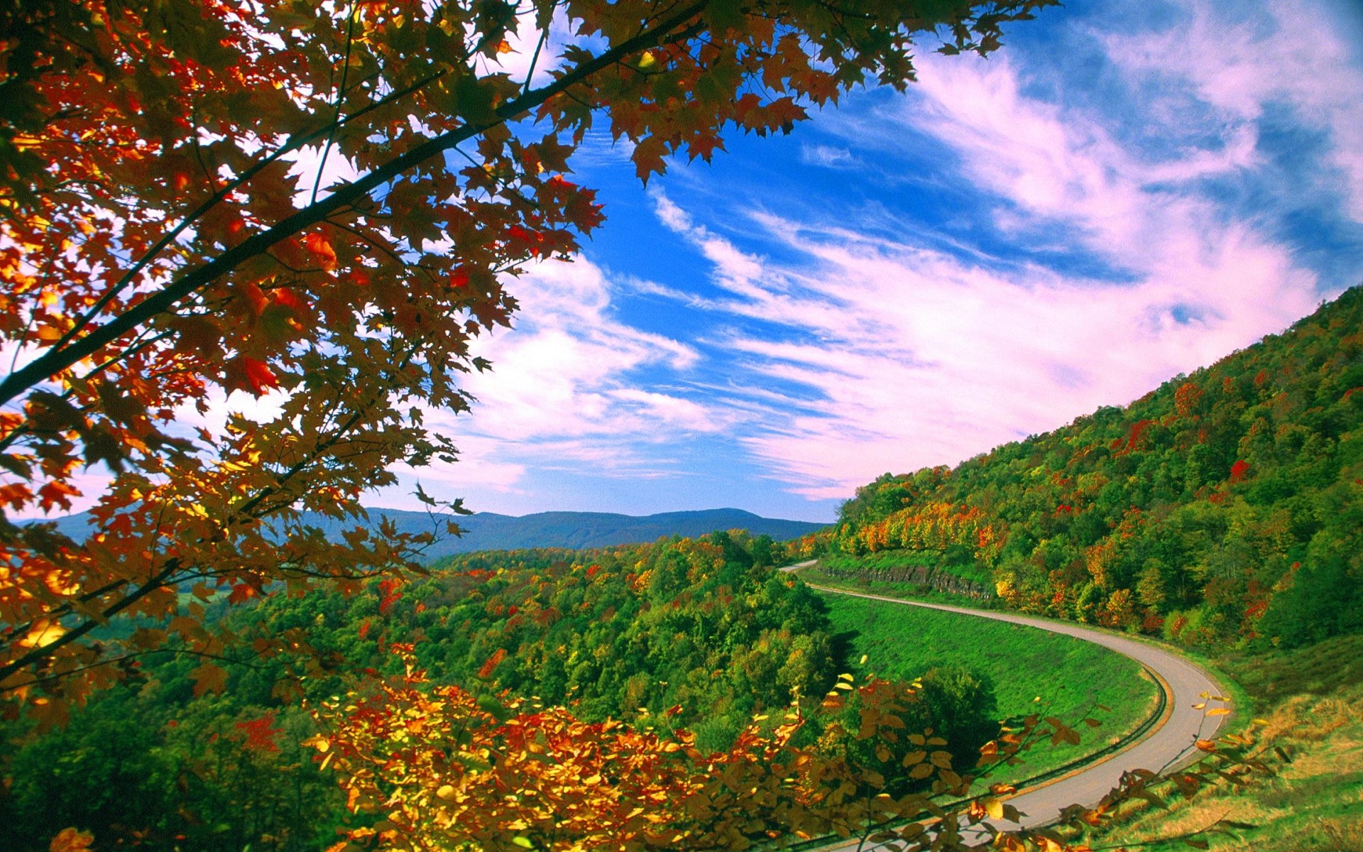 Free download wallpaper Mountain, Road, Forest, Fall, Man Made on your PC desktop