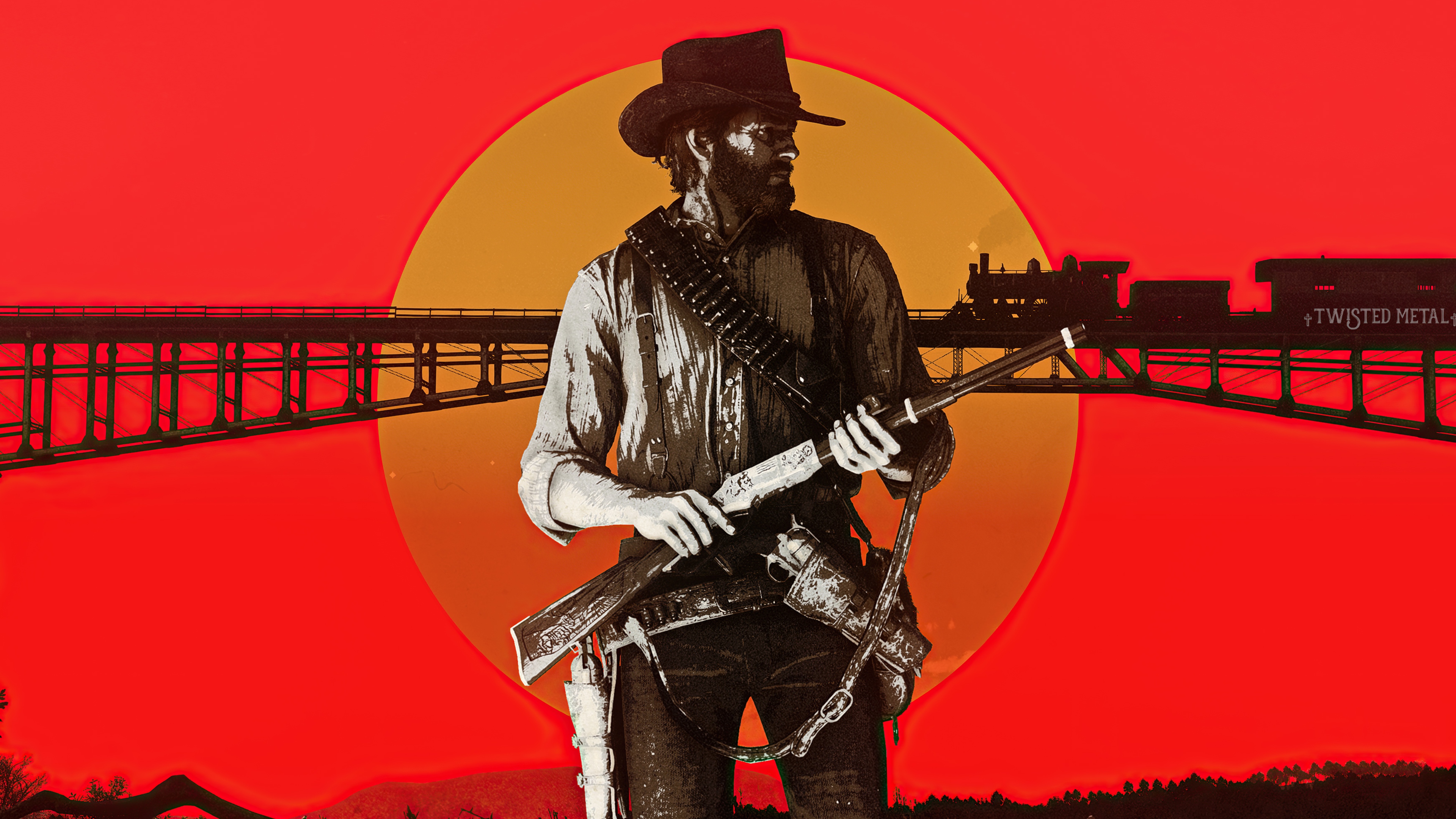 Laden Sie das Brücke, Zug, Western, Computerspiele, Red Dead Redemption 2, Artur Morgan, Roter Tot-Bild kostenlos auf Ihren PC-Desktop herunter