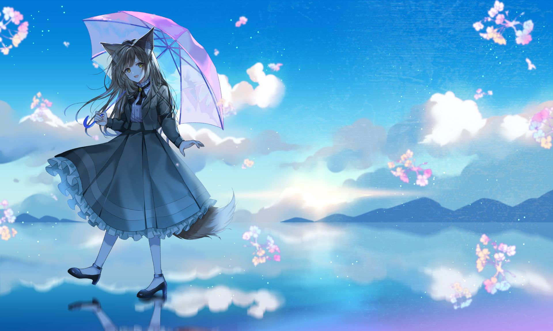Download mobile wallpaper Anime, Sky, Girl, Umbrella, Cloud, Dress, Long Hair, Brown Hair, Animal Ears for free.