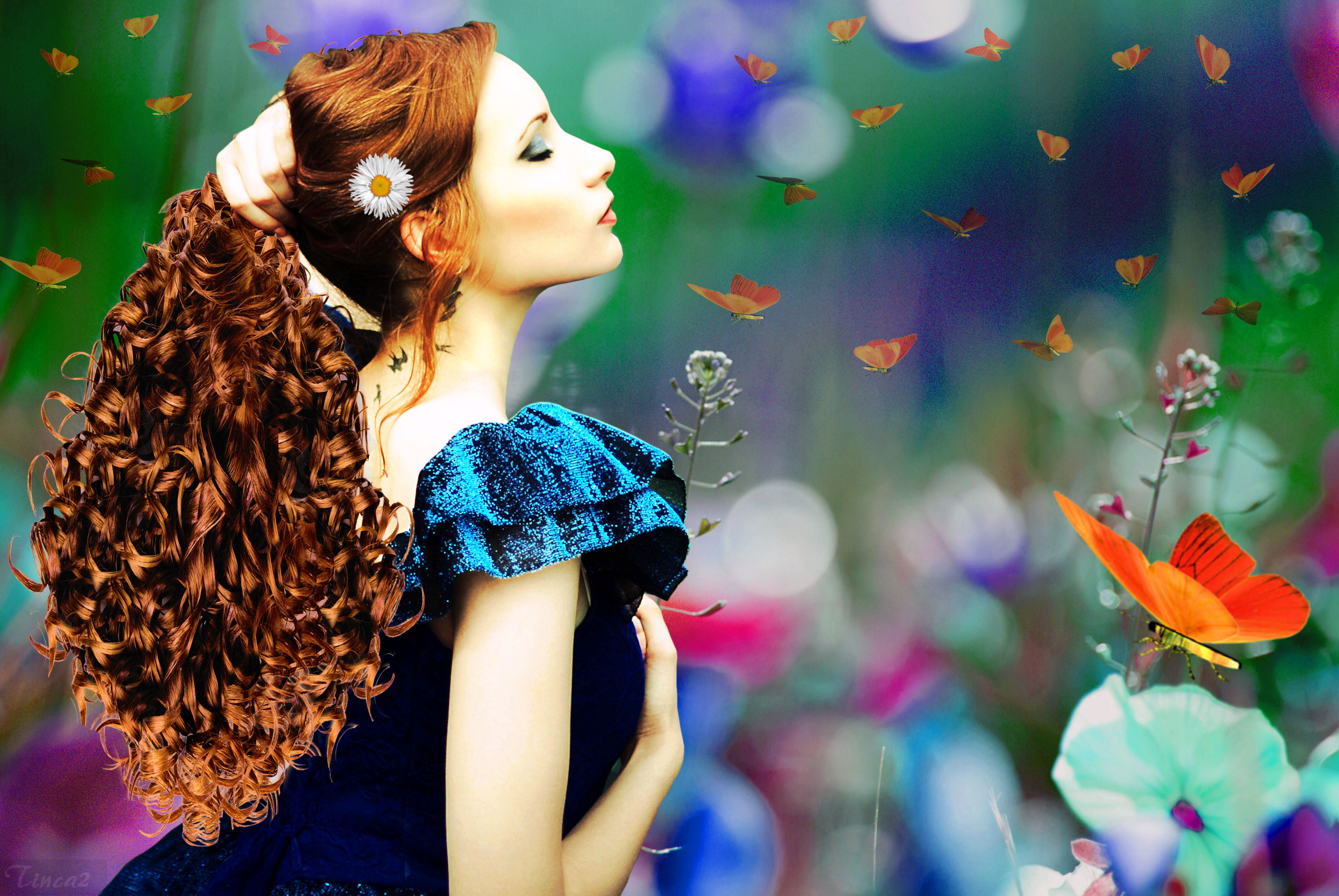 Download mobile wallpaper Fantasy, Flower, Butterfly, Redhead, Spring, Artistic, Women, Curl for free.