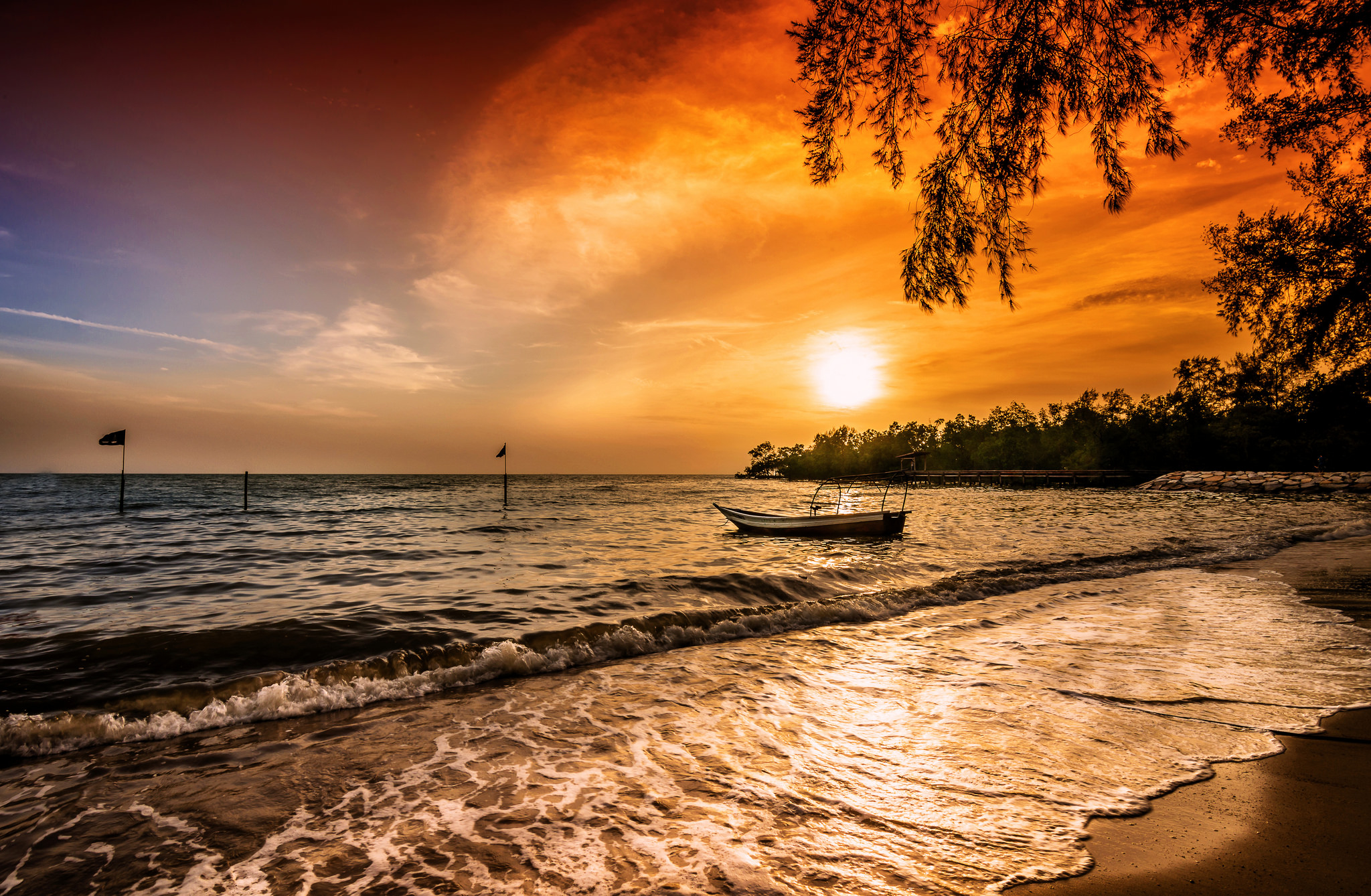 Download mobile wallpaper Sunset, Sky, Sun, Beach, Horizon, Ocean, Boat, Vehicles for free.