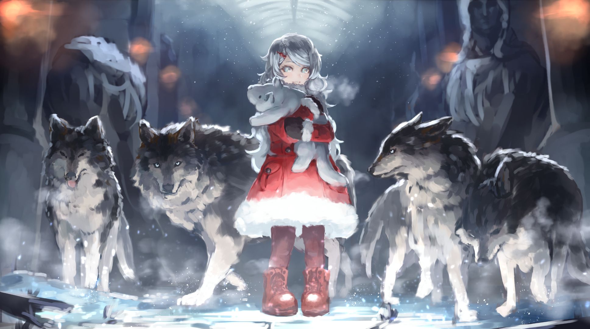wolf, anime, original, aqua eyes, coat, grey hair, snow, stuffed animal, winter