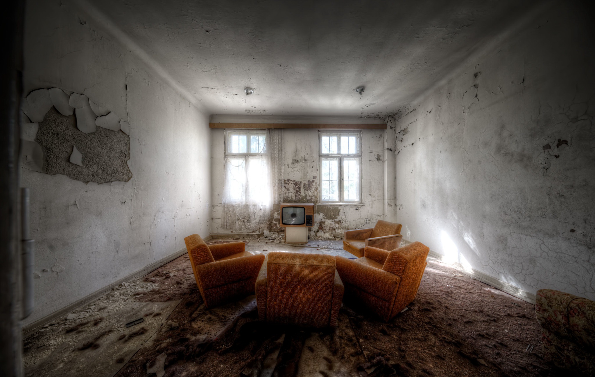 man made, room, abandoned, furniture, tv set