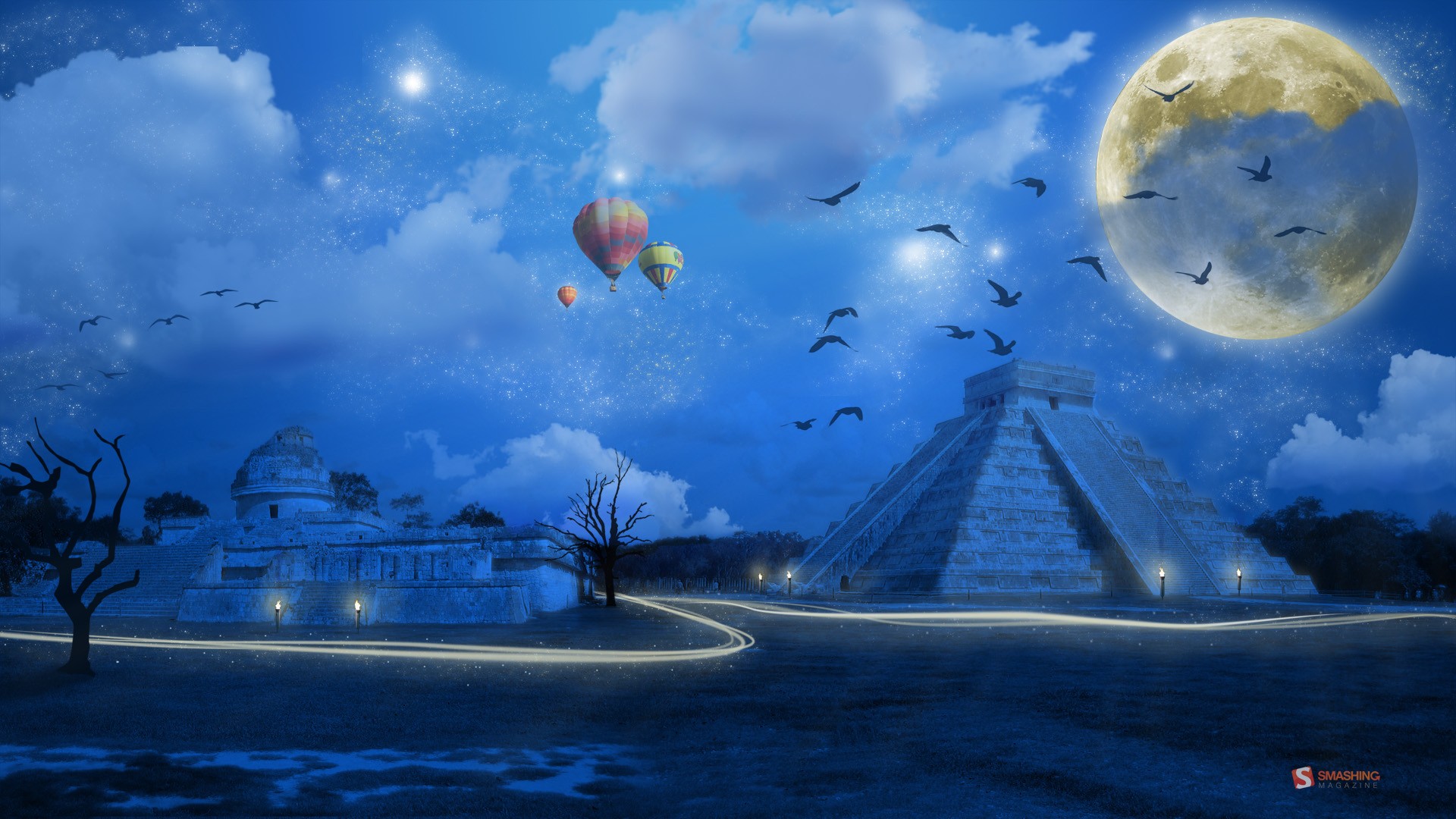 PCデスクトップにファンタジー, ピラミッド, 青い, 芸術的, 熱気球画像を無料でダウンロード
