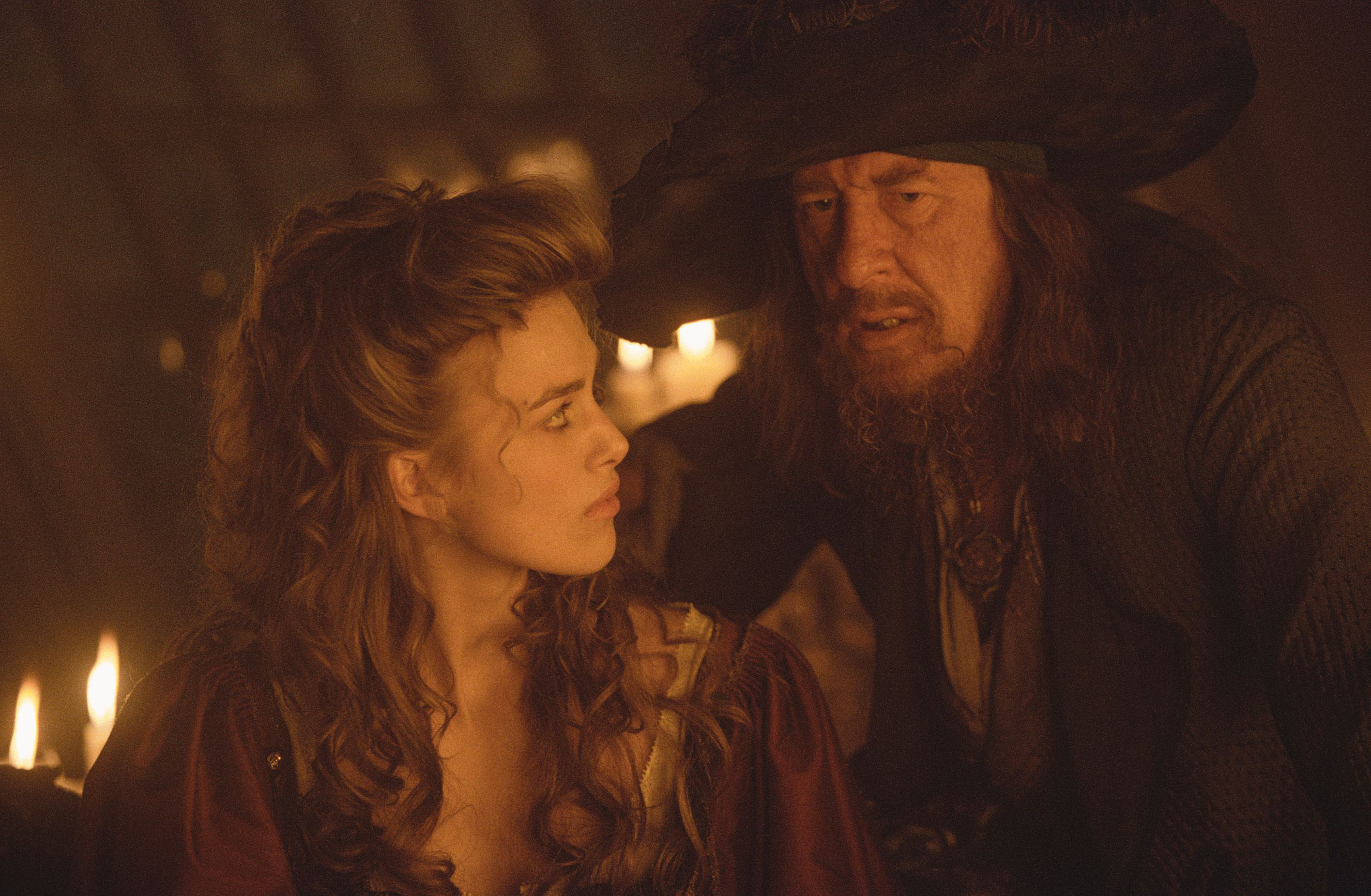 movie, pirates of the caribbean: the curse of the black pearl, elizabeth swann, geoffrey rush, hector barbossa, keira knightley, pirates of the caribbean HD wallpaper