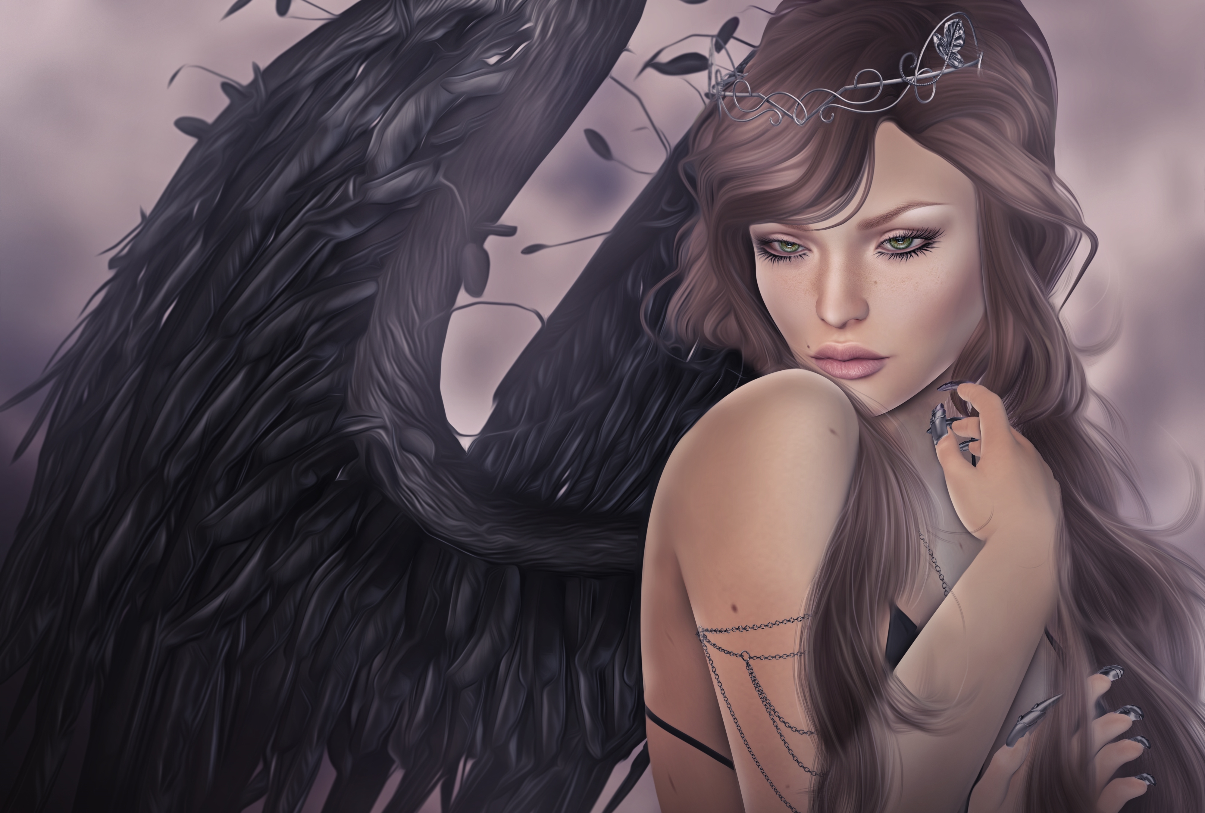 Download mobile wallpaper Fantasy, Wings, Angel, Green Eyes, Long Hair, Brown Hair for free.