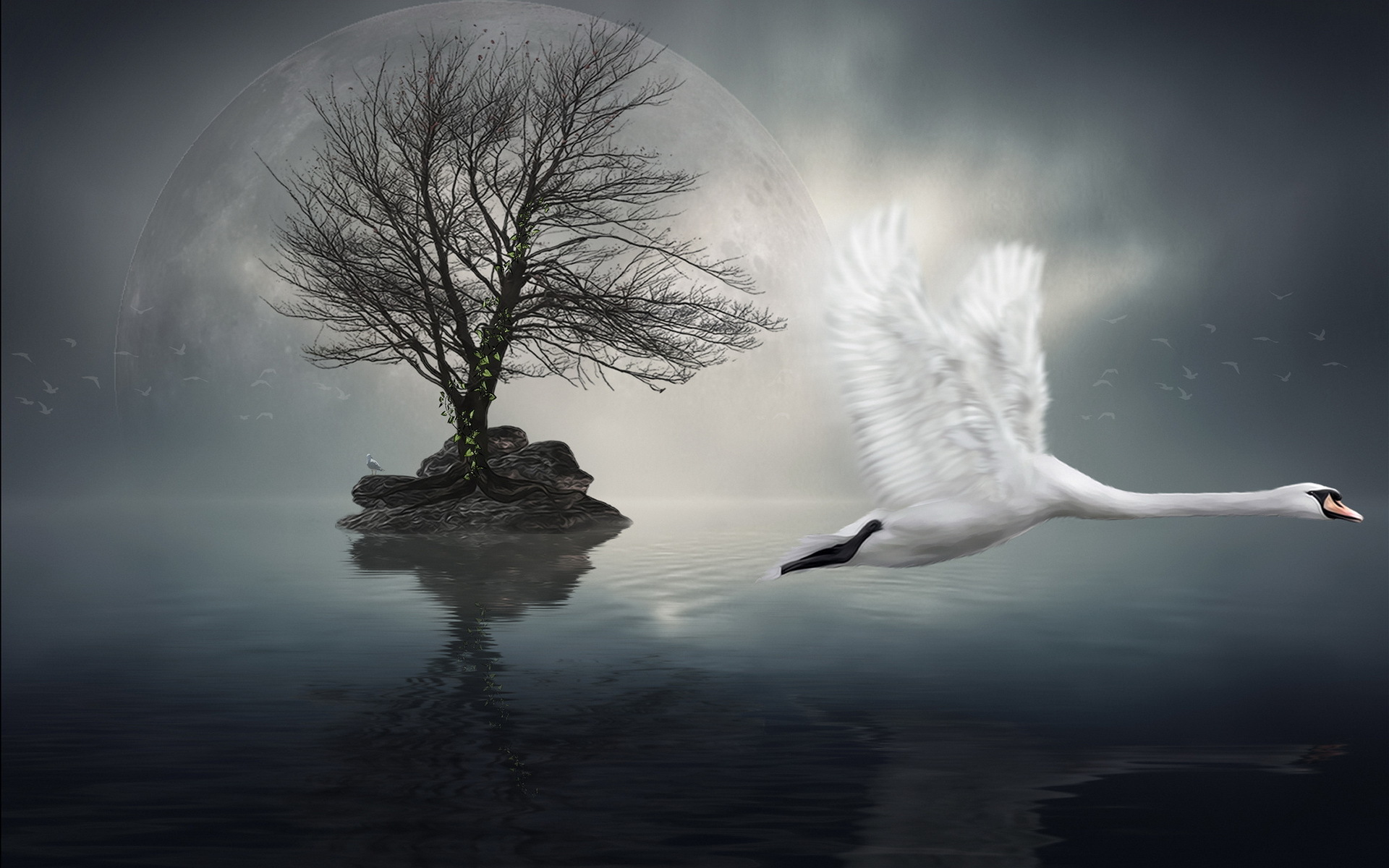 Download mobile wallpaper Water, Moon, Bird, Tree, Animal, Swan, Artistic, Surreal for free.