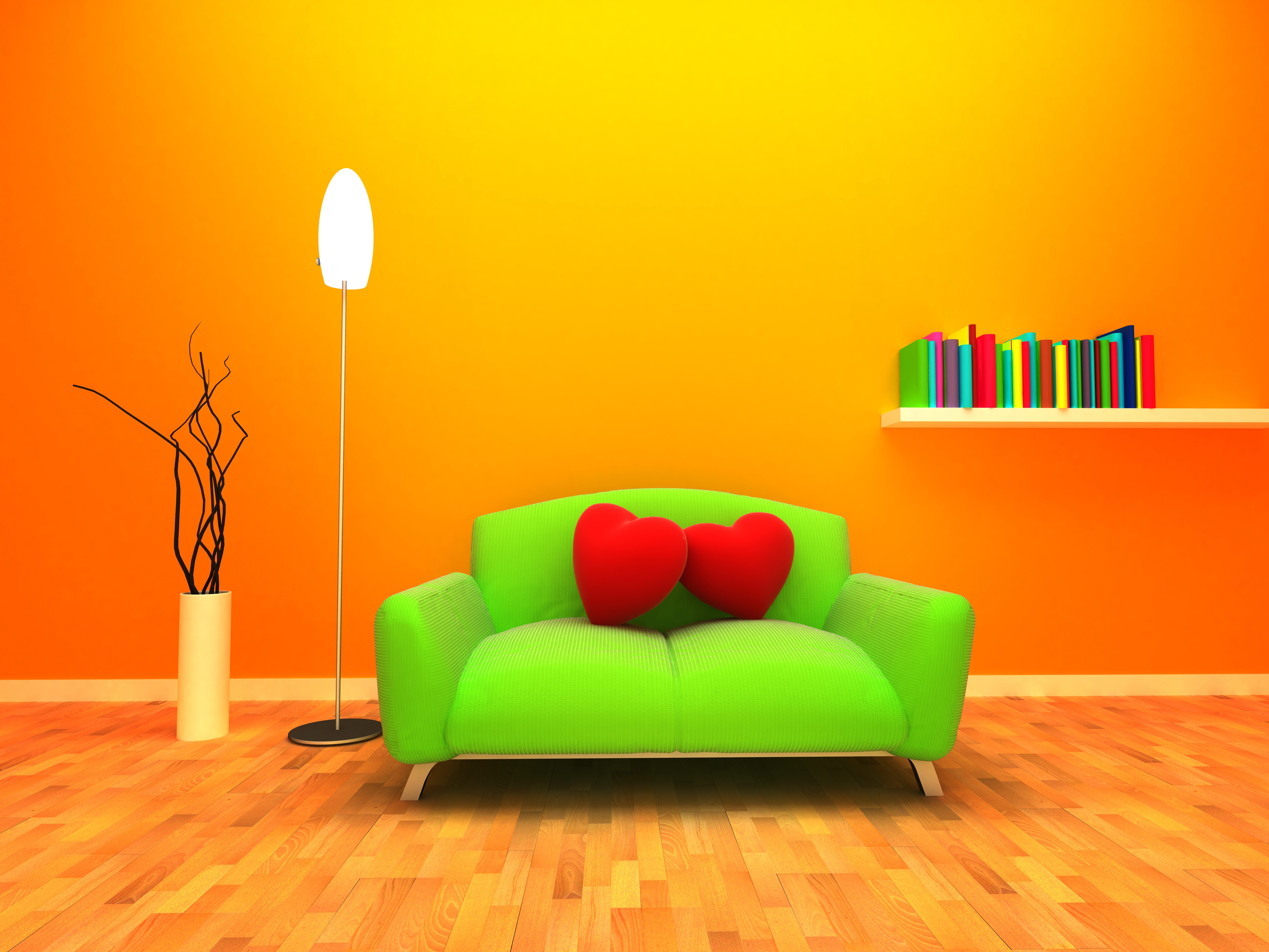 hearts, sofa, orange background, miscellanea, miscellaneous, room, 3d graphics