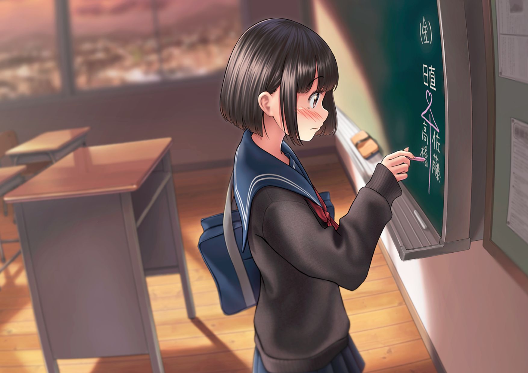 Free download wallpaper Anime, Original, Black Hair, Short Hair, Classroom on your PC desktop