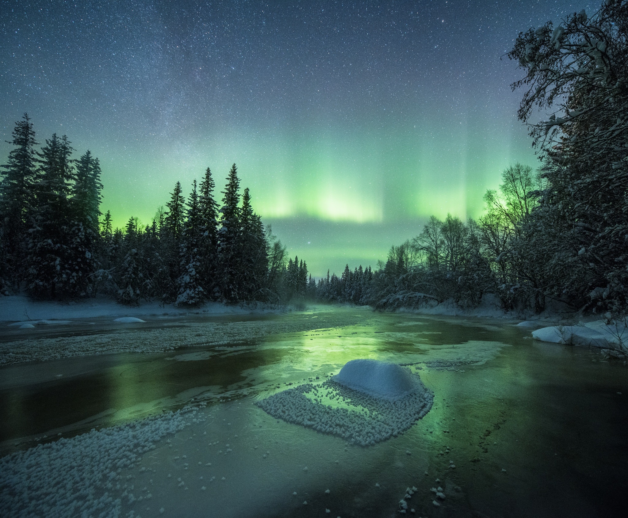 Download mobile wallpaper Winter, Nature, Night, Light, Starry Sky, Earth, Aurora Borealis, River for free.