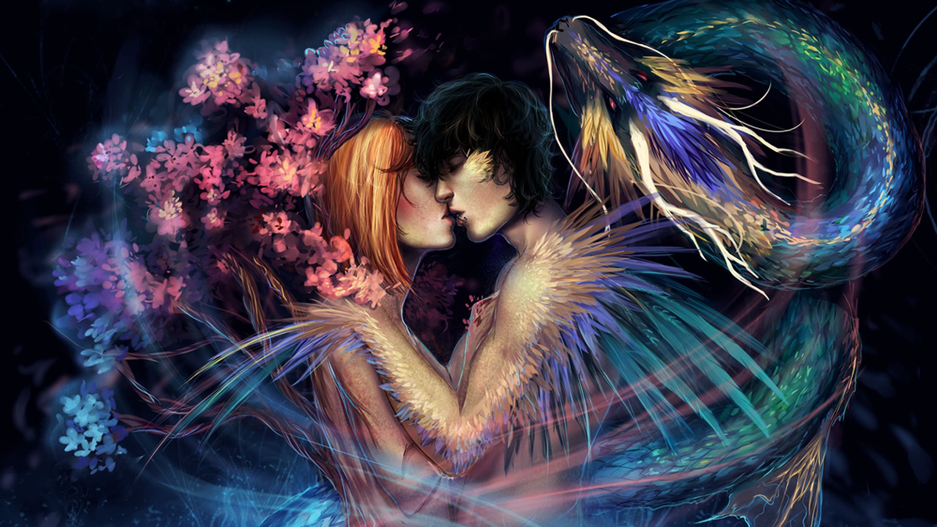 PCデスクトップにファンタジー, 花, カップル, 翼, 愛する, ロマンチック画像を無料でダウンロード