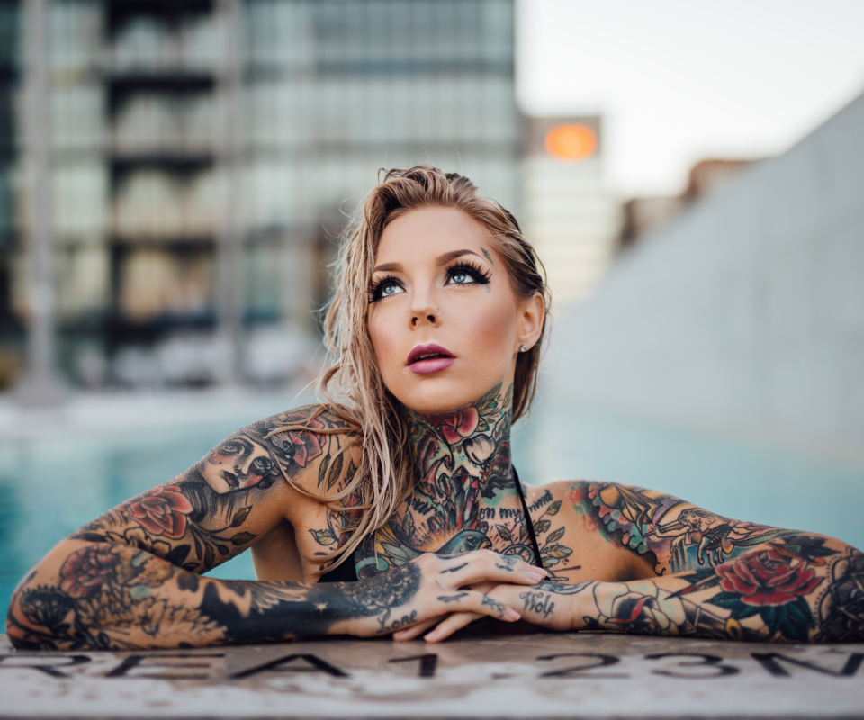 Download mobile wallpaper Tattoo, Blonde, Model, Women, Blue Eyes for free.