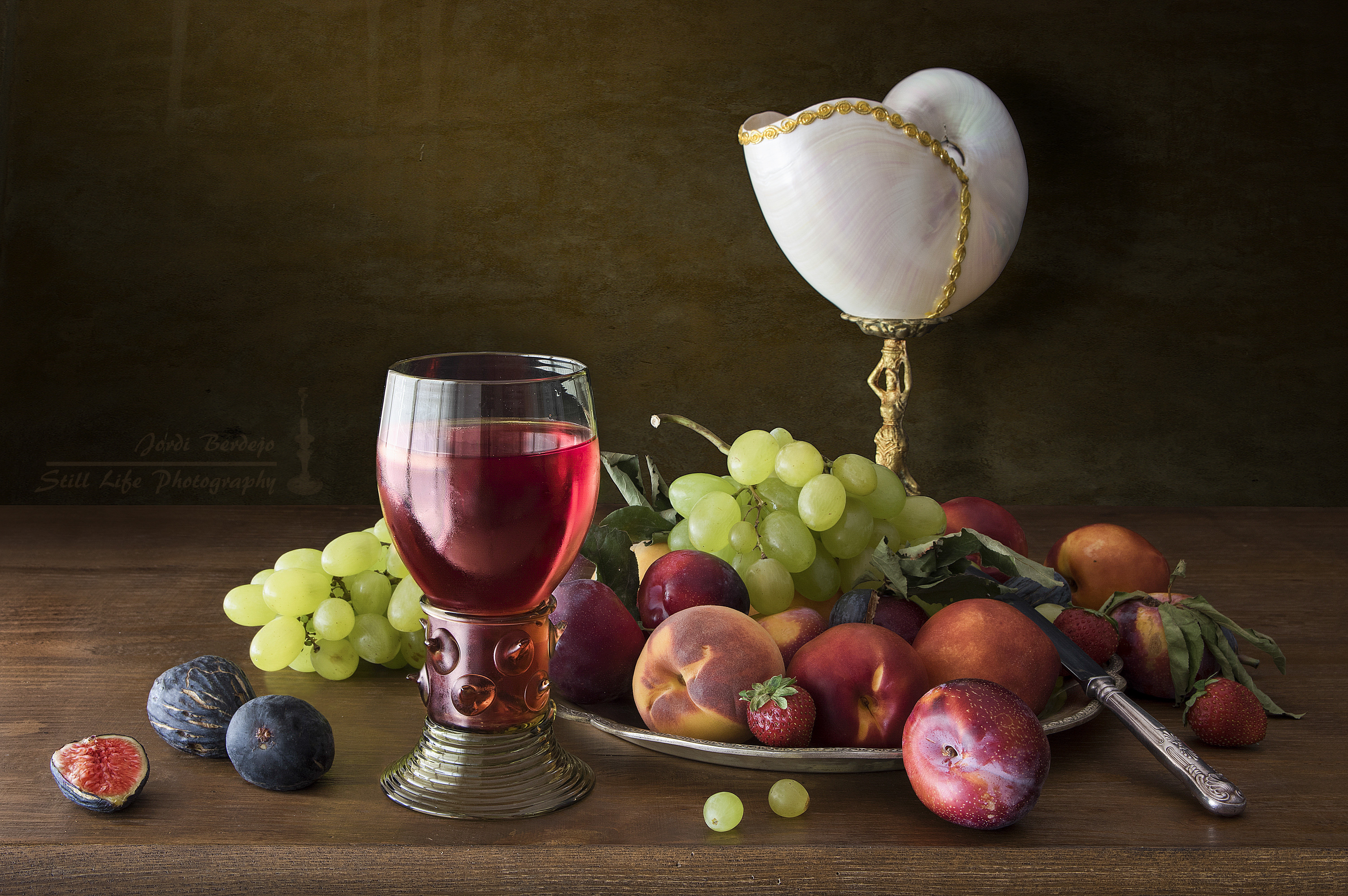 Download mobile wallpaper Food, Strawberry, Grapes, Still Life, Fig, Peach, Wine for free.