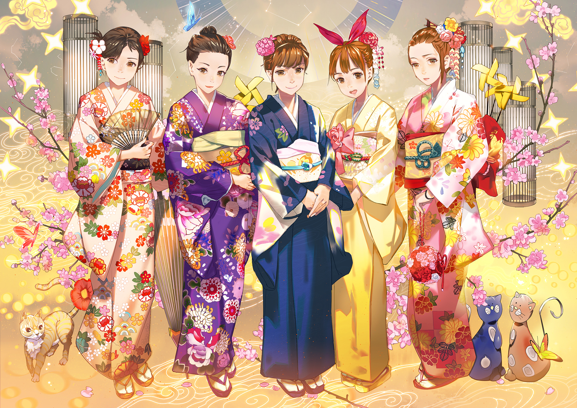 Free download wallpaper Anime, Flower, Bird, Cat, Kimono, Fan, Headdress, Cherry Blossom, Original, Brown Eyes, Brown Hair on your PC desktop