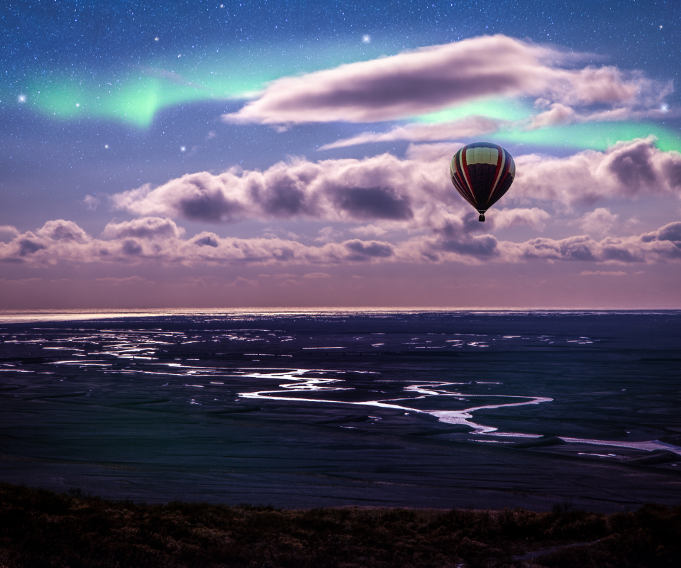 Download mobile wallpaper Sky, Twilight, Ocean, Cloud, Vehicle, Vehicles, Hot Air Balloon for free.