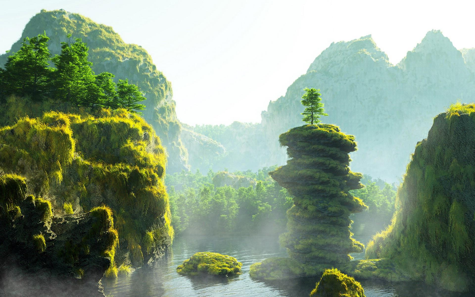Download mobile wallpaper Landscape, Fantasy, Mountain, Tree for free.