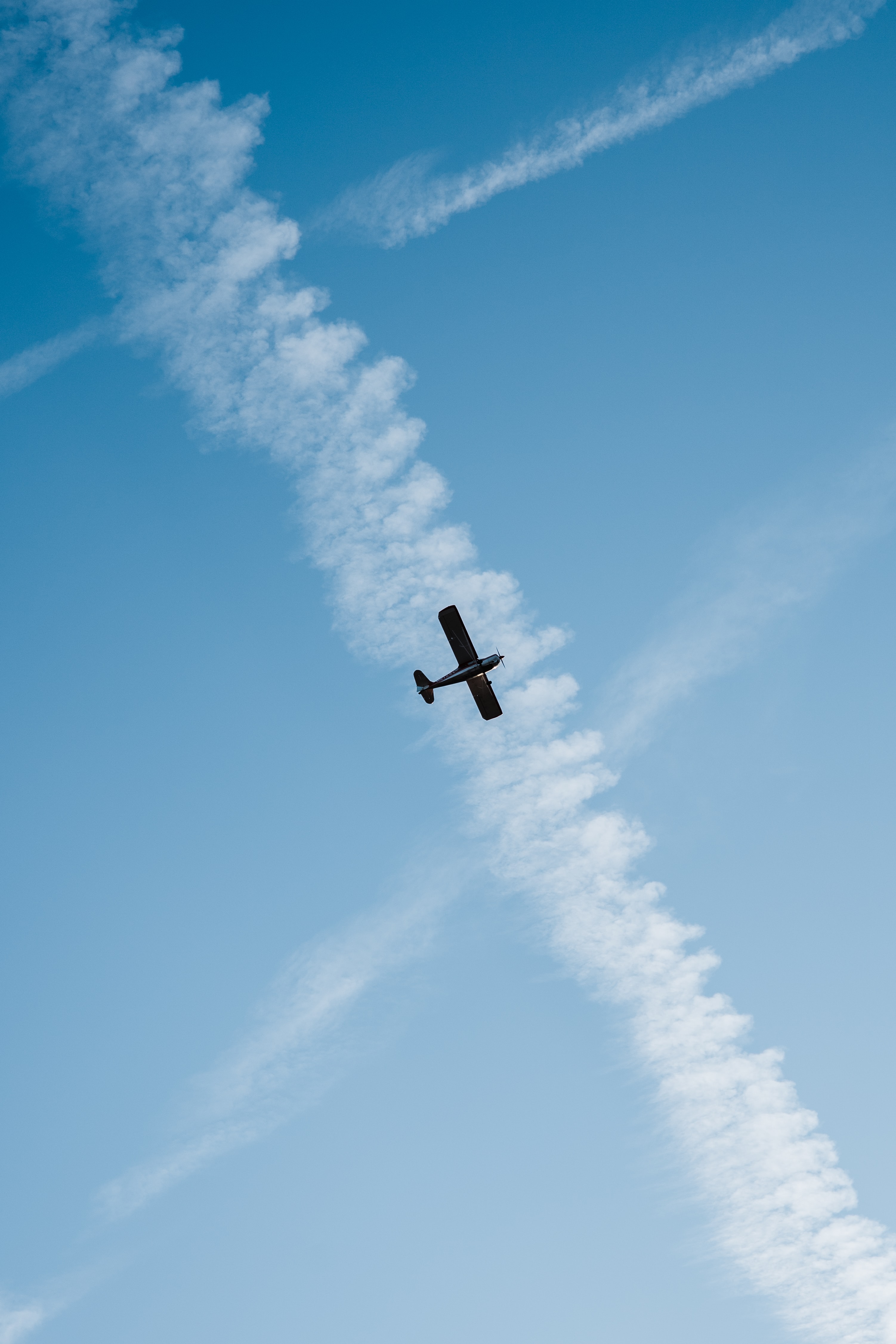 Download mobile wallpaper Miscellaneous, Clouds, Flight, Traces, Sky, Miscellanea, Airplane, Plane for free.