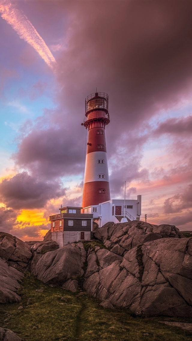 Download mobile wallpaper Sunset, Sky, Sea, Ocean, Lighthouse, Cloud, Man Made for free.