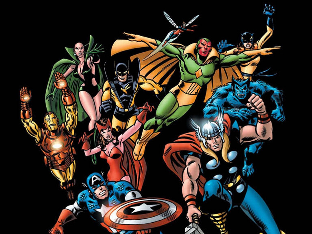comics, avengers, beast (marvel comics), captain america, hellcat (marvel comics), iron man, janet van dyne, scarlet witch, thor, vision (marvel comics), wasp (marvel comics), yellowjacket (marvel comics)
