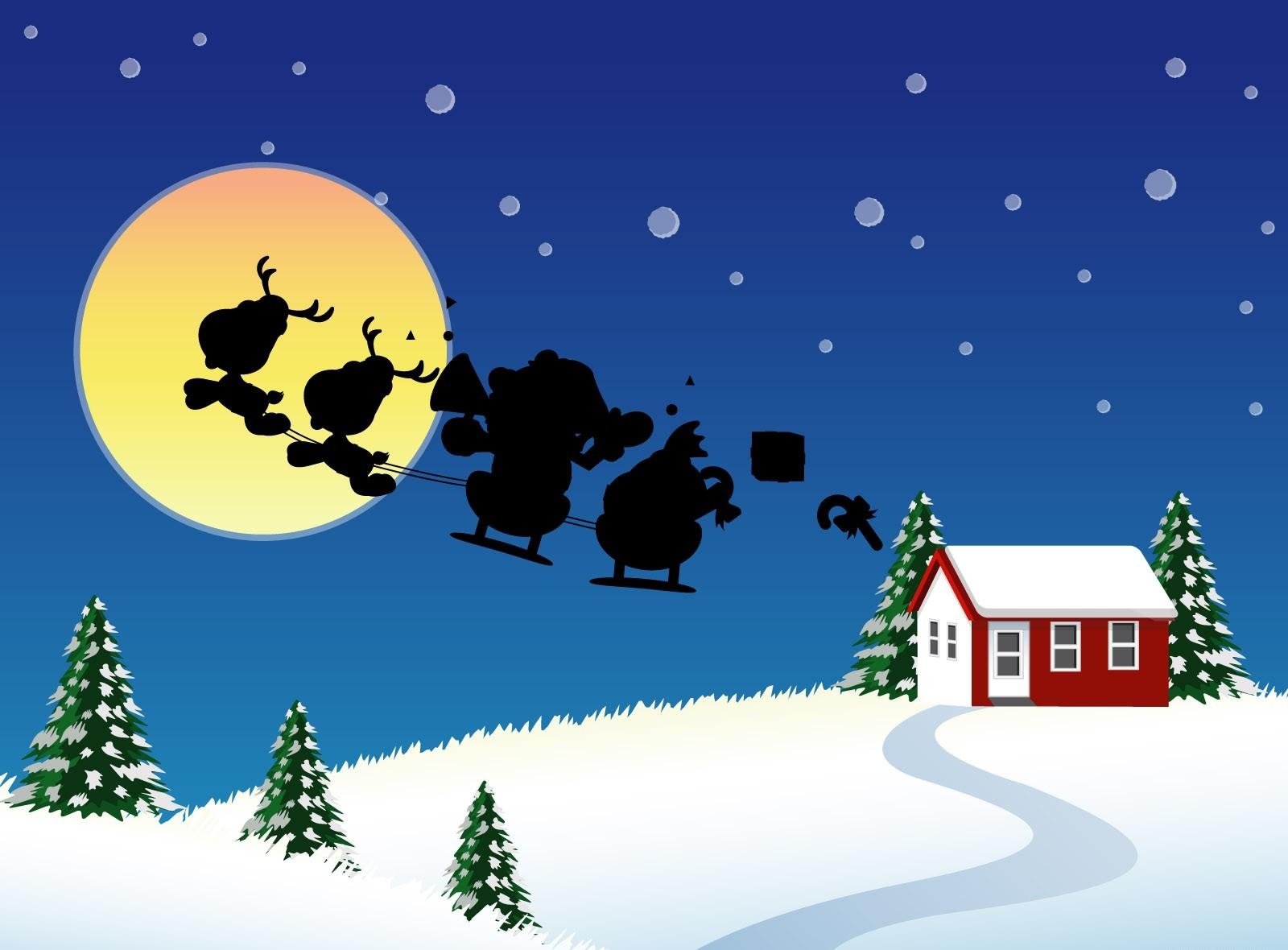 christmas, holidays, santa claus, moon, fir trees, house, flight, sleigh, sledge