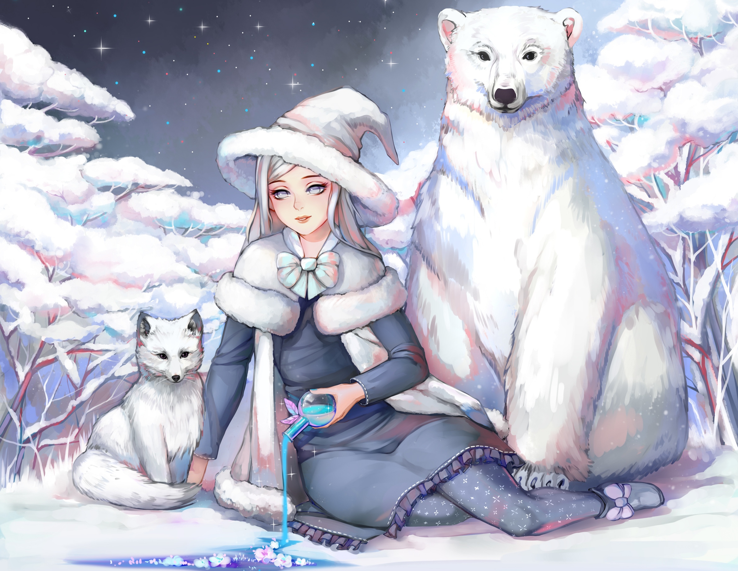 967559 скачать обои звездное небо, аниме, оригинал, белый медведь, полярная лиса, снег - заставки и картинки бесплатно