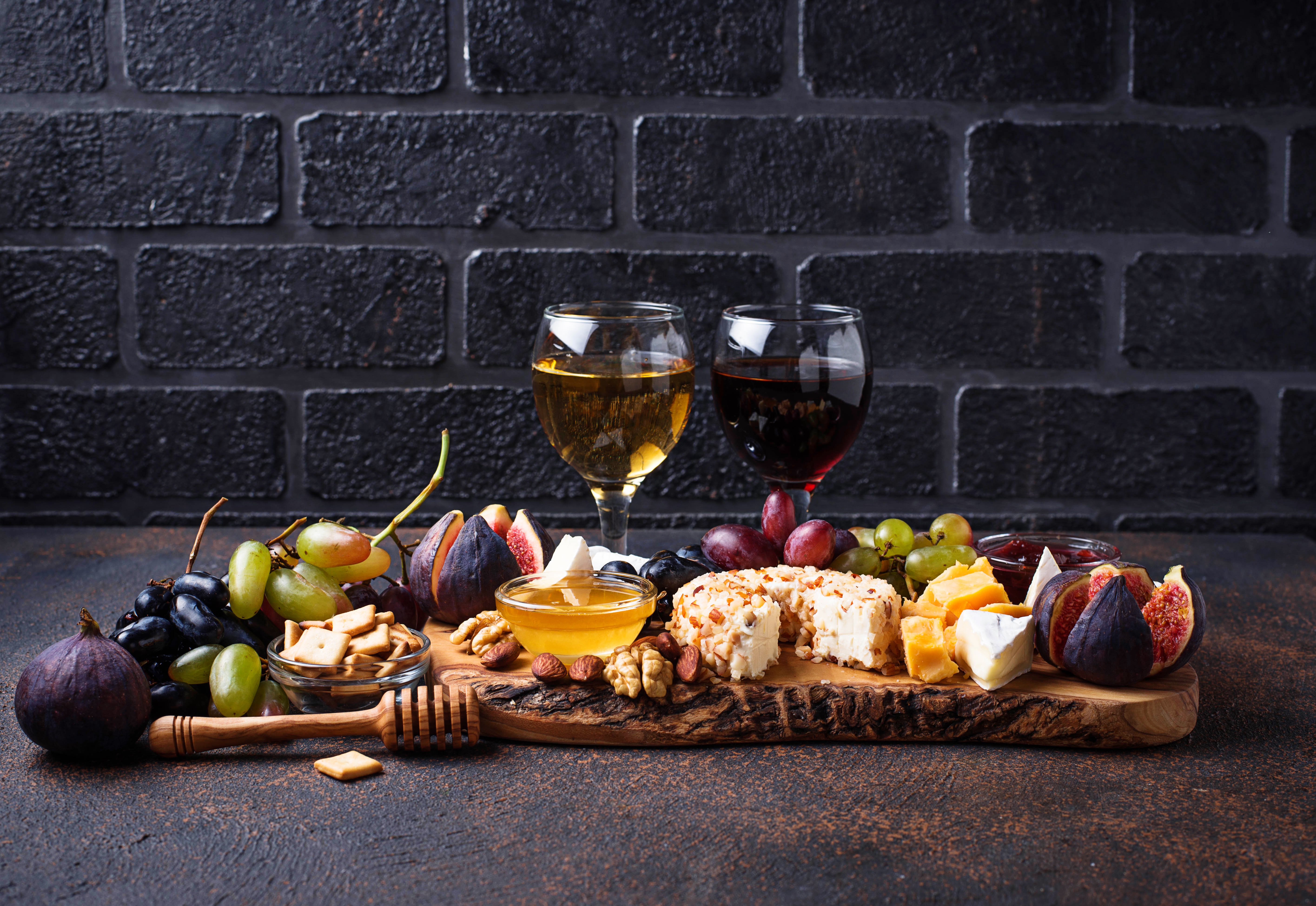 food, still life, cheese, fig, fruit, grapes, wine