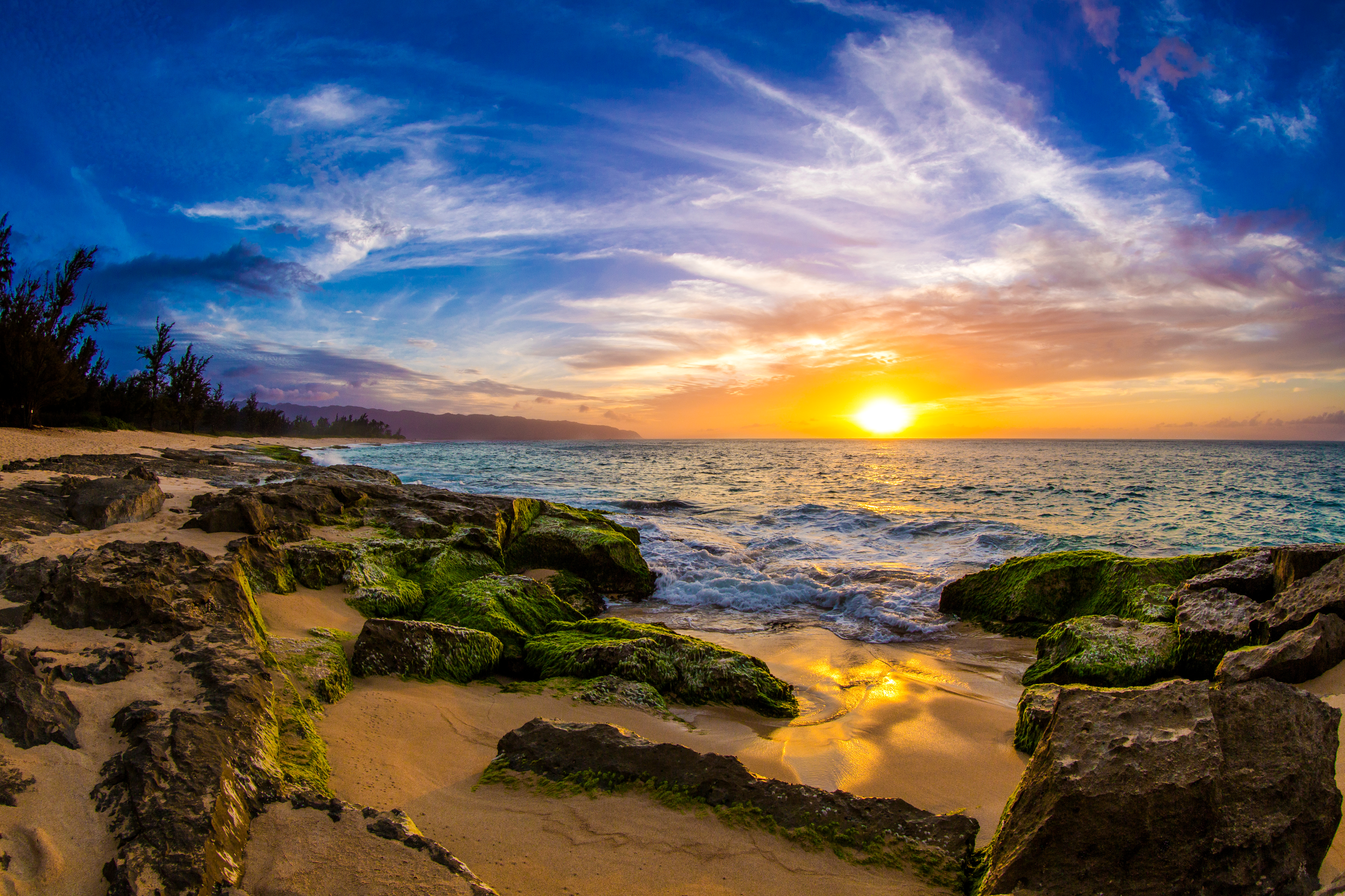 Download mobile wallpaper Sunset, Sea, Horizon, Ocean, Earth, Moss for free.