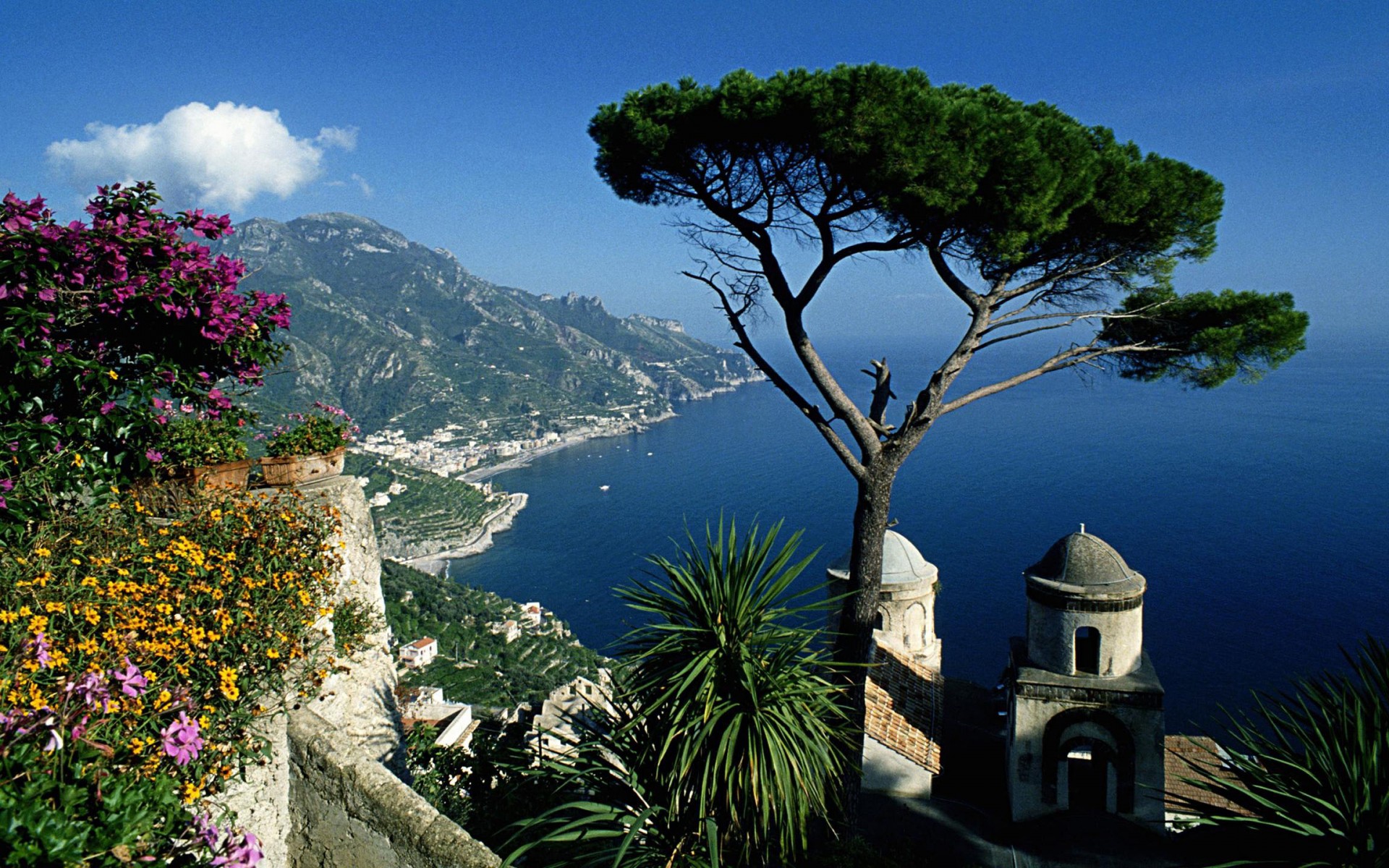 man made, amalfi, coast, flower, mountain, ocean, tree, towns