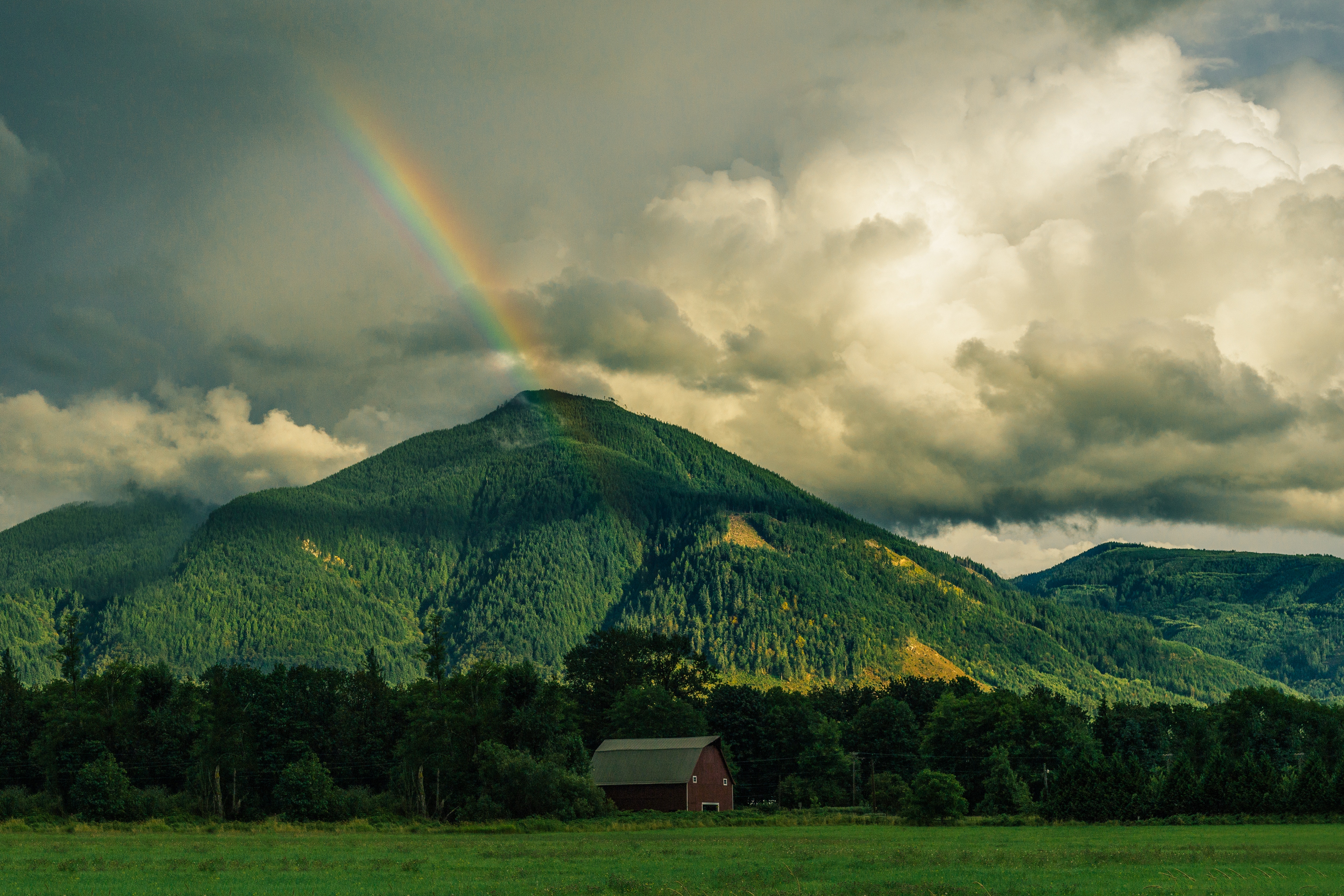 Free download wallpaper Rainbow, Mountain, Forest, Earth, Cloud, Barn on your PC desktop