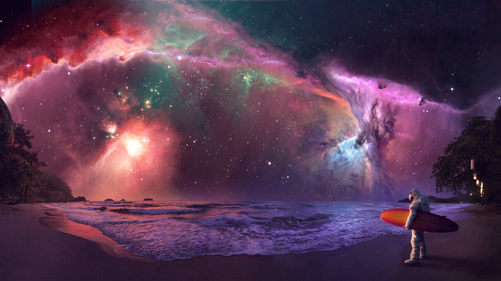 Скачать обои бесплатно Пейзаж, Звезды, Облака, Пляж, Туманность, Космонавт, Пурпурный, Научная Фантастика картинка на рабочий стол ПК
