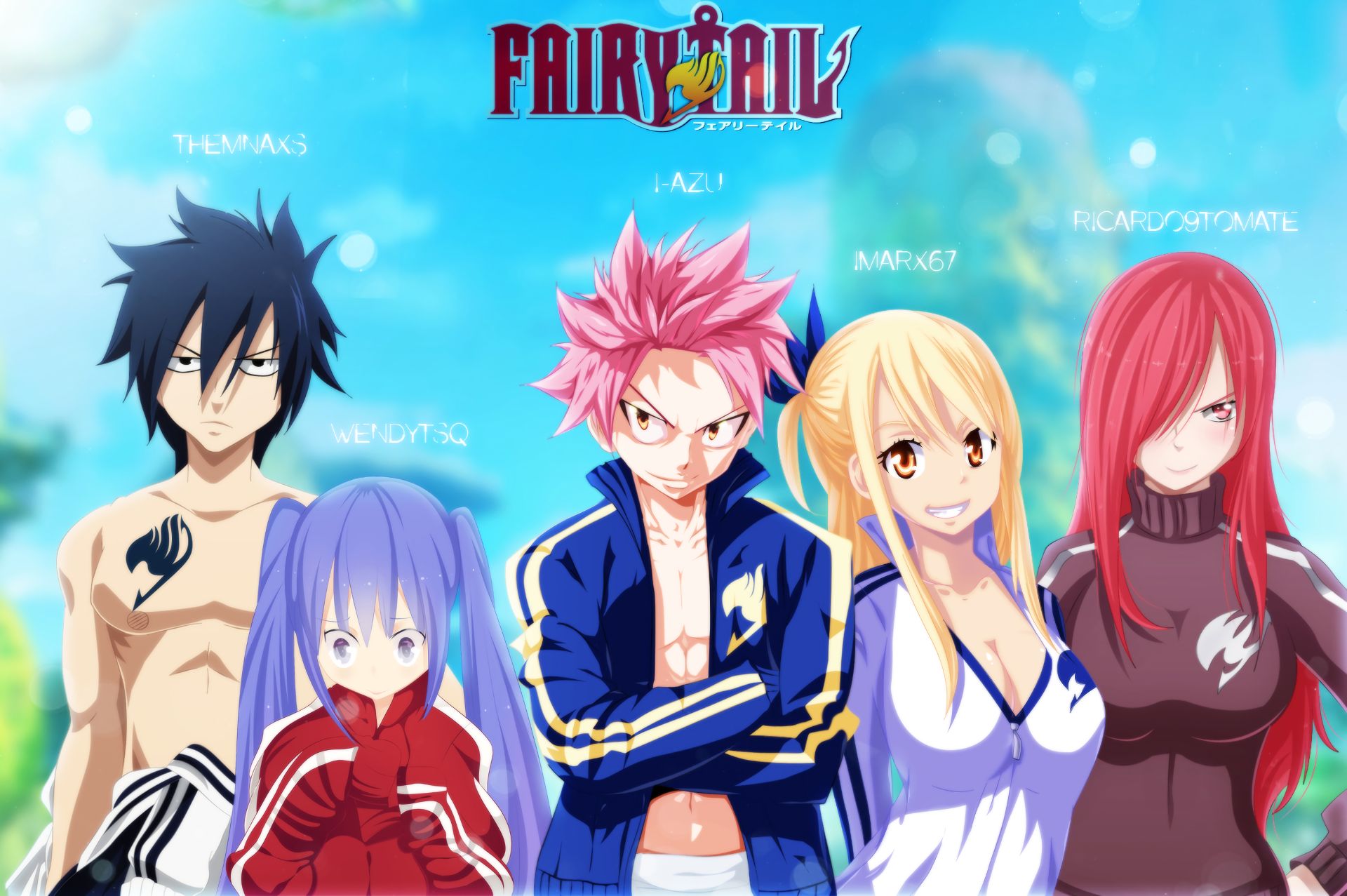 Handy-Wallpaper Animes, Fairy Tail, Lucy Heartfilia, Natsu Dragneel, Erza Scarlet, Grauer Fullbuster kostenlos herunterladen.