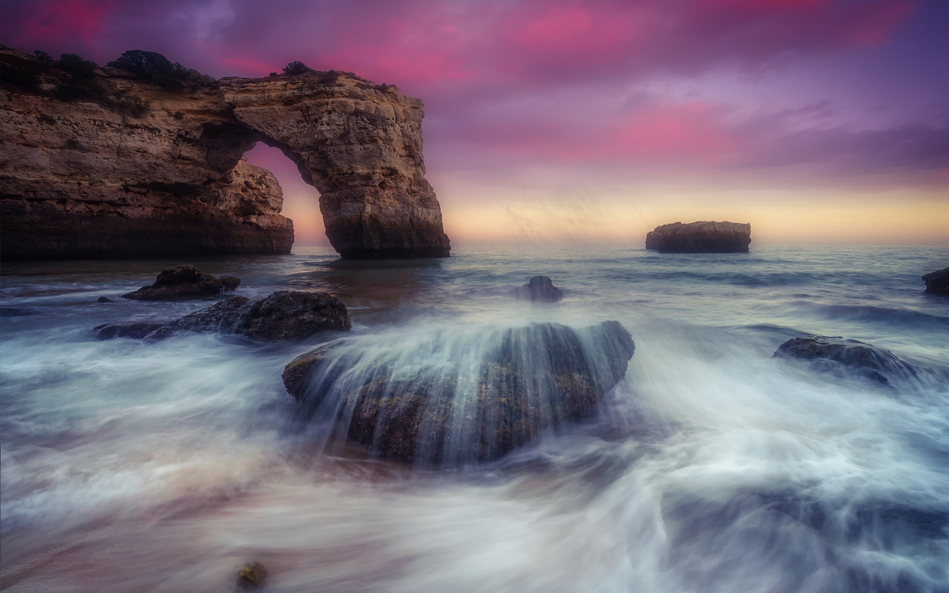 Free download wallpaper Sunset, Sky, Sea, Horizon, Ocean, Earth, Arch on your PC desktop