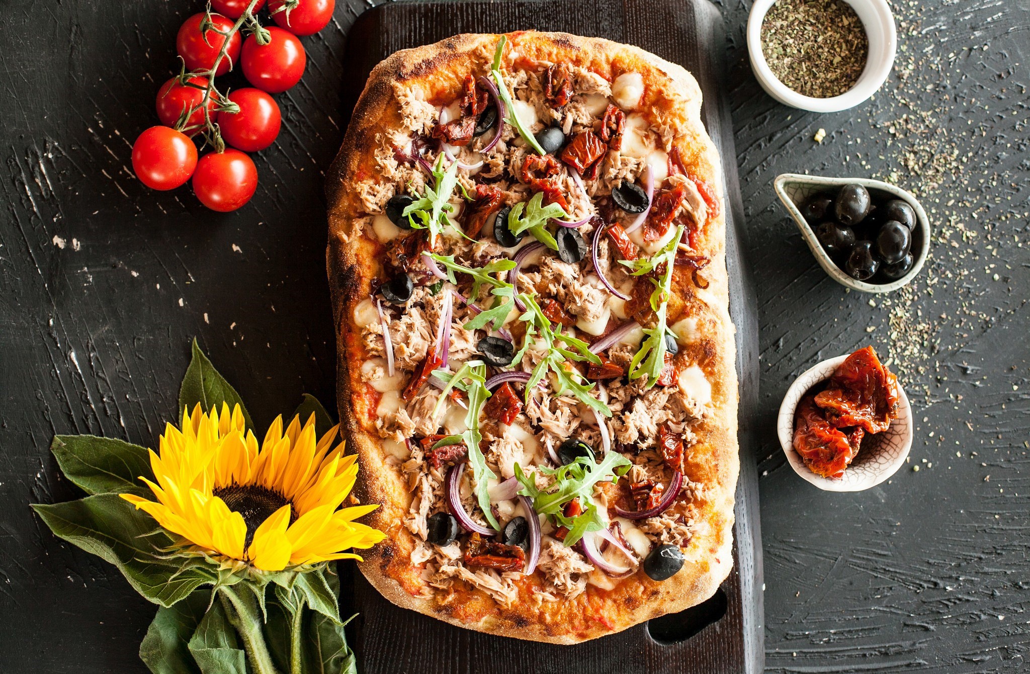 Free download wallpaper Food, Pizza, Still Life, Flower, Sunflower, Tomato on your PC desktop