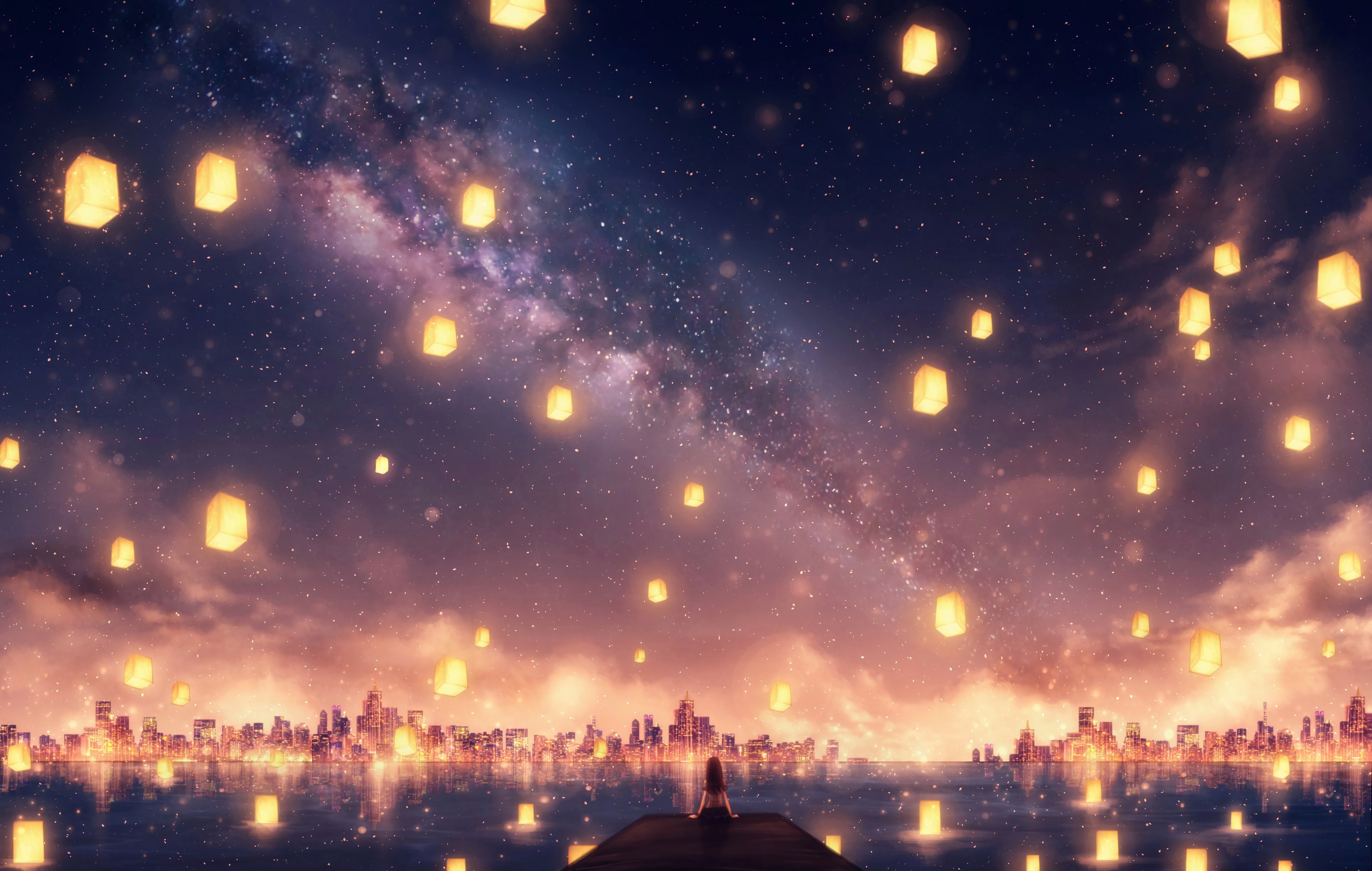 Download mobile wallpaper Anime, Sky, Stars, City, Lantern for free.